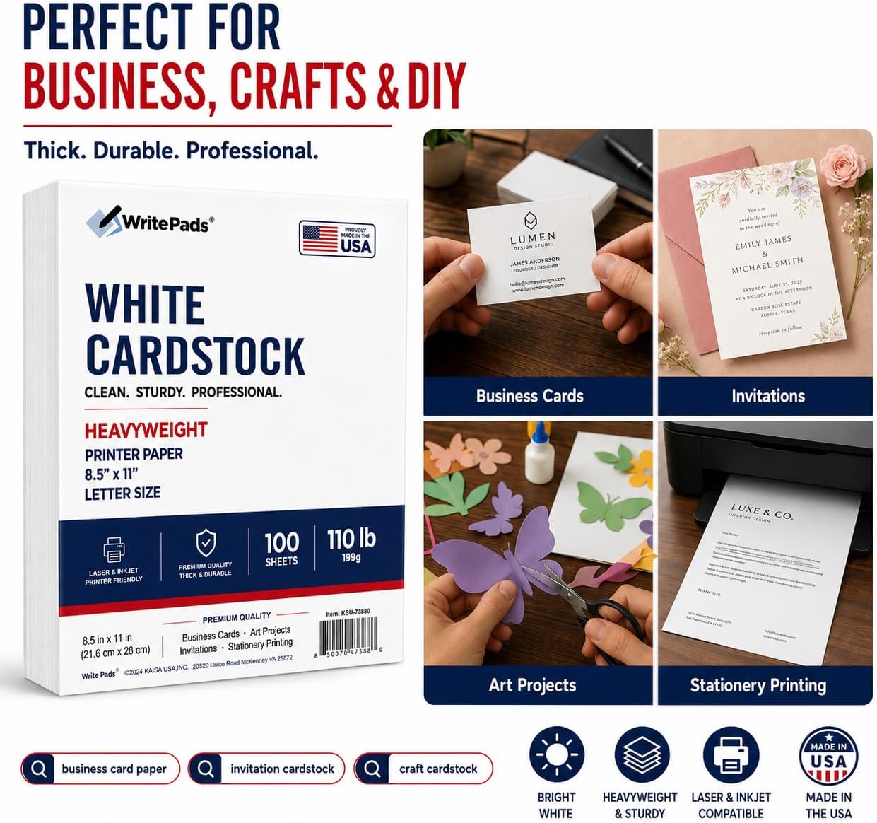 Detalle de KAISA KSU-73835 White Cardstock, 110 lb, 199 GSM, Letter Size, 100 Sheets