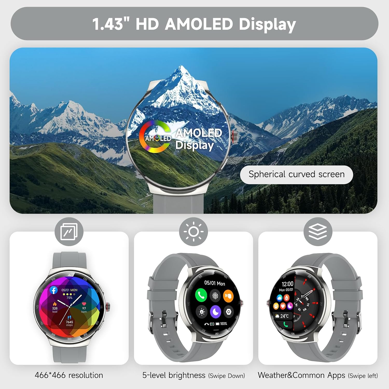 Detalle de Smart Watch for Men & Women: 1.43" AMOLED Curved Screen, 150+ Sport Modes, Dual Straps