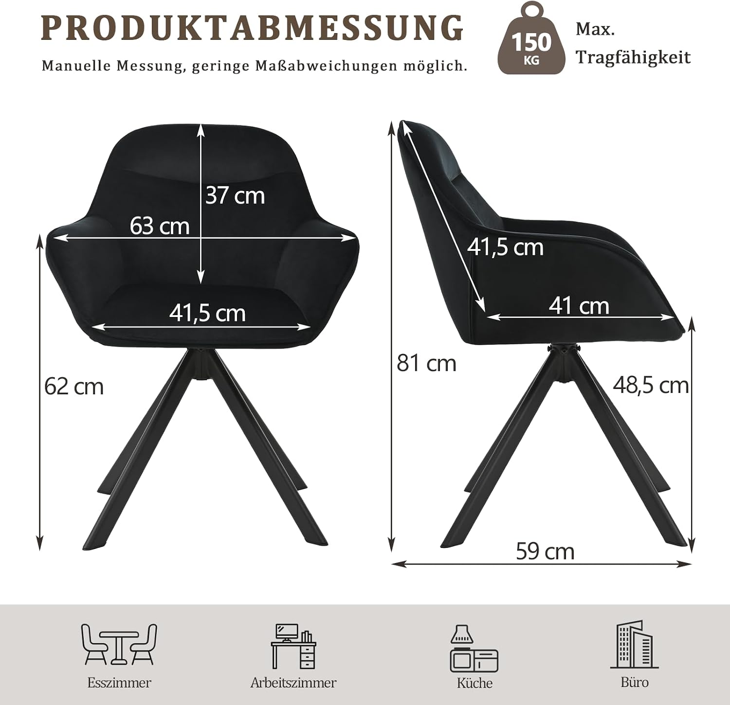 Thumbnail 2 de Goeurvant Esszimmerstühle drehbar Schwarz mit Armlehne – 2er Set, Samtpolster, Metallbeine