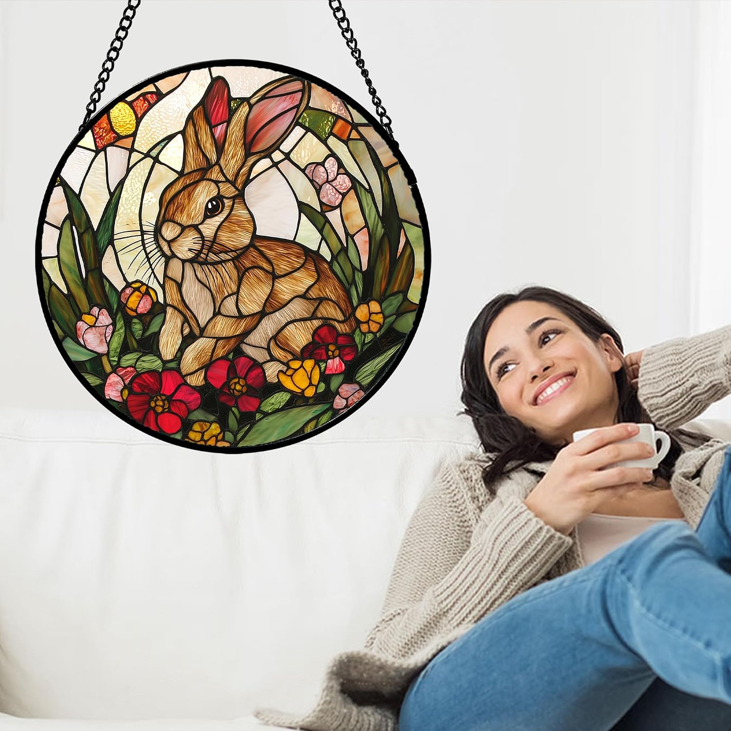 Detalle 2 de AMDERVEN 6.3-Inch Rabbit Glass Window Hanging, Green and Brown Suncatcher