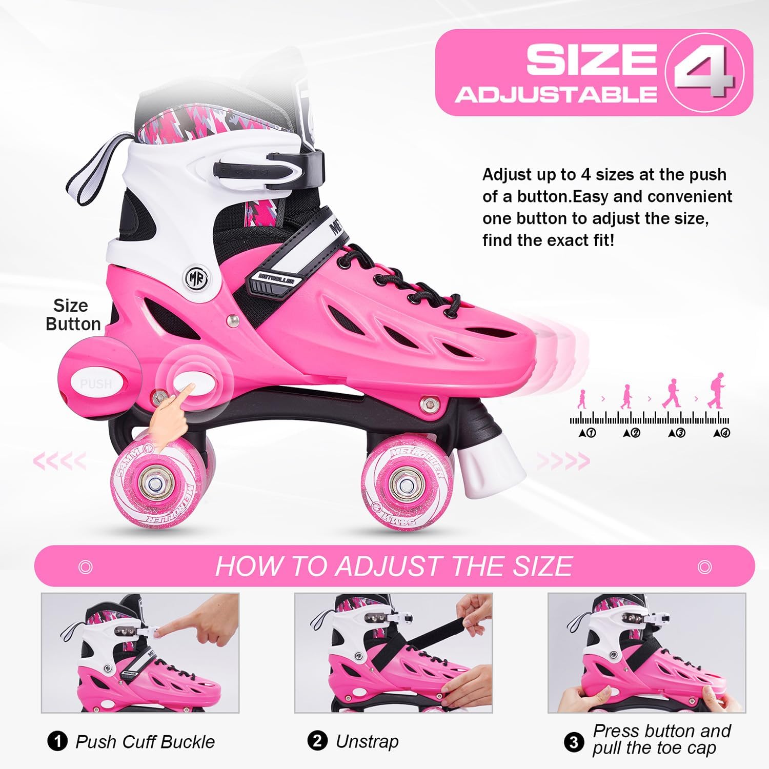 Thumbnail 1 de METROLLER Adjustable Light-Up Roller Skates for Kids & Teens — 4-Size Fit, Safe Beginner to Pro Option