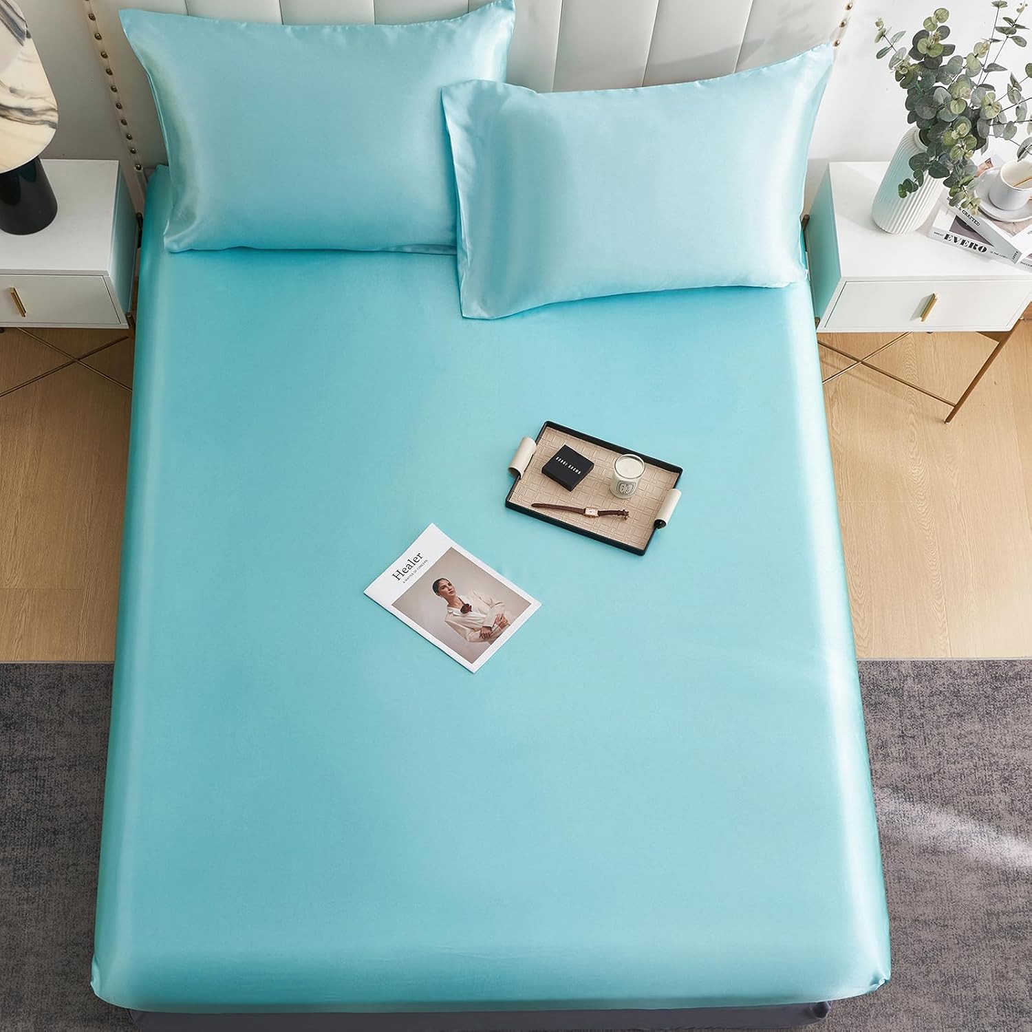 Detalle de DuShow Double Satin Fitted Sheet with Deep Pocket — Blue, 85gsm Polyester Satin