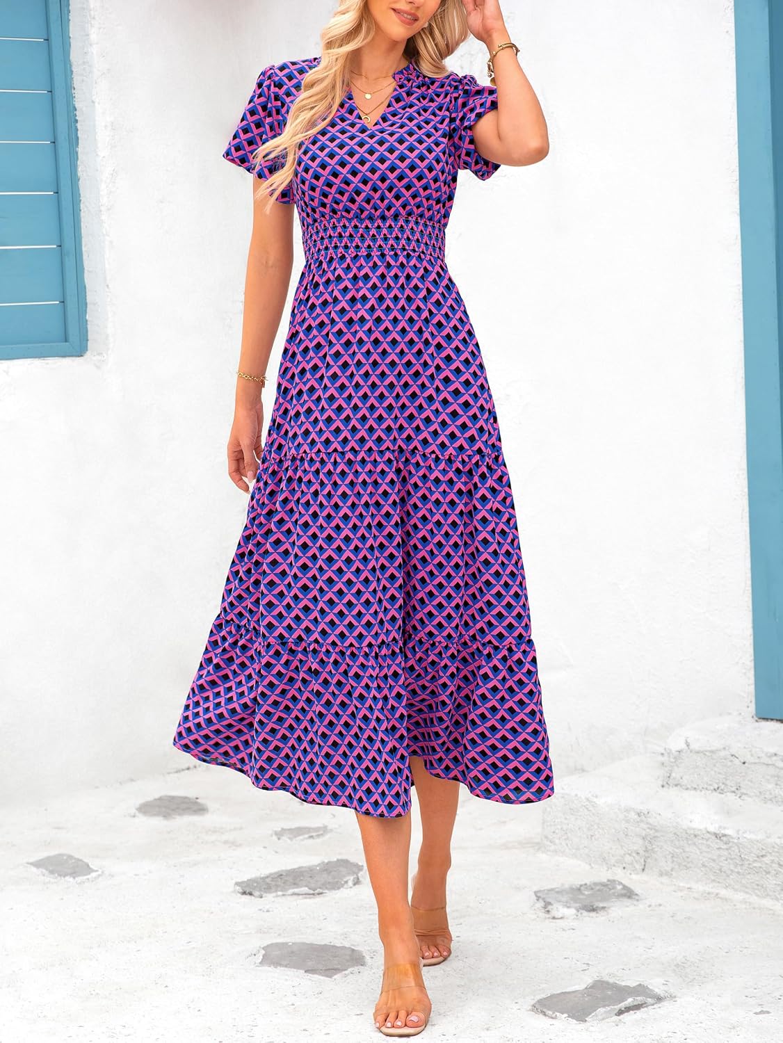 Detalle de MASCOMODA Summer Maxi Dresses for Women (2026) Floral V-Neck Smocked Puff Sleeve Boho Long Dress