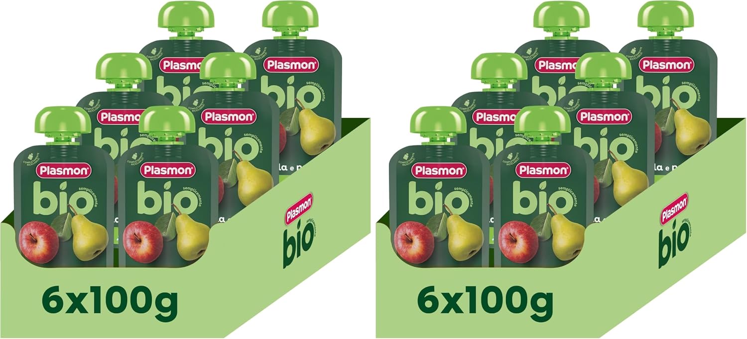 Detalle de Plasmon BIO Pouch Mela Pera 100g (6 Pezzi): snack bio per bambini