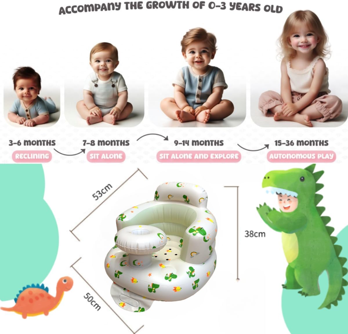 Thumbnail 1 de Seggiolino gonfiabile per bambini 4–24 mesi con pompa integrata e supporto schiena - vassoio dinosauro