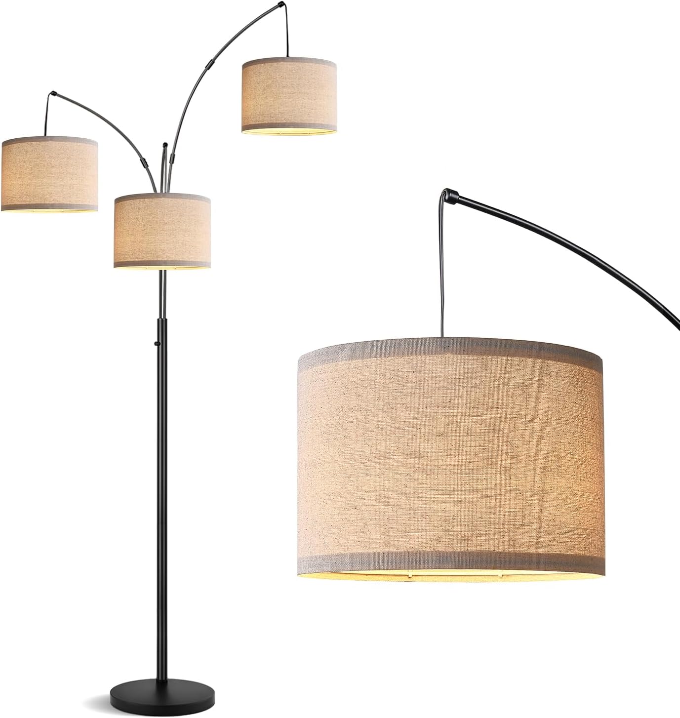 Detalle de Dimmable Arc Floor Lamp with 3 Beige-Shaded Lights – 203 cm Tall, Heavy Base, Includes 3 LED Bulbs