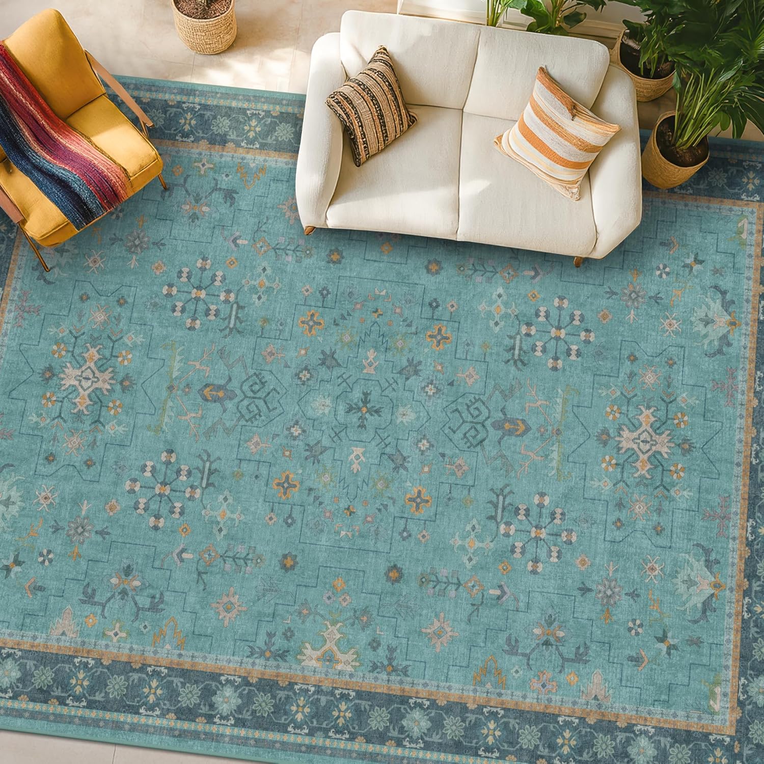 Thumbnail 5 de Teal 7x10 Large Rug Washable Floral Pattern