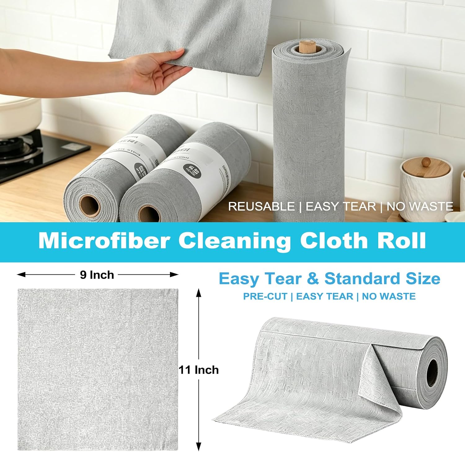 Detalle de Puomue 55 Pack Microfiber Cleaning Cloth Roll, 11x9 Inches, Tear-Away Reusable Towels
