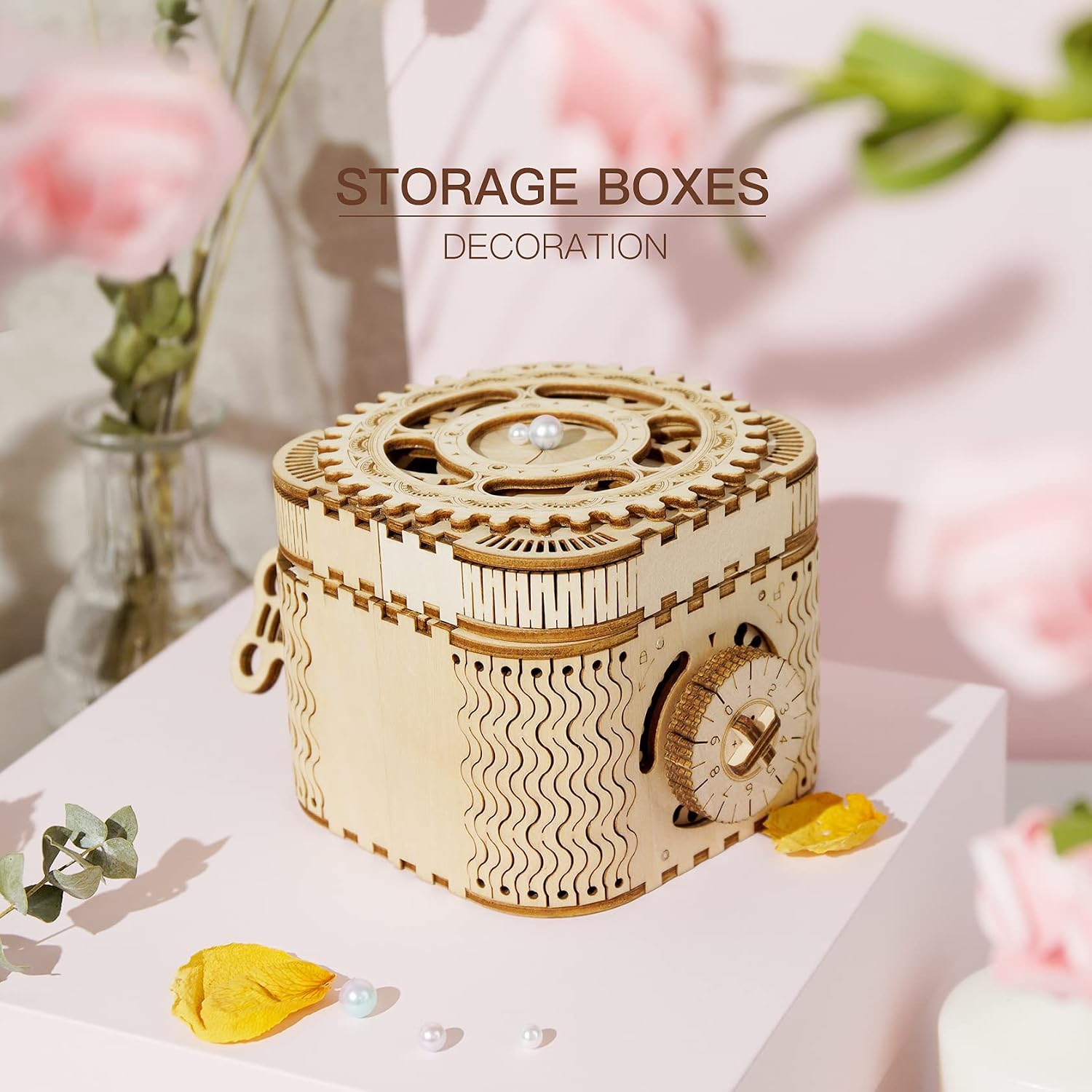Detalle de ROBOTIME Treasure Box wooden model building kit – laser-cut 3D puzzle for adults