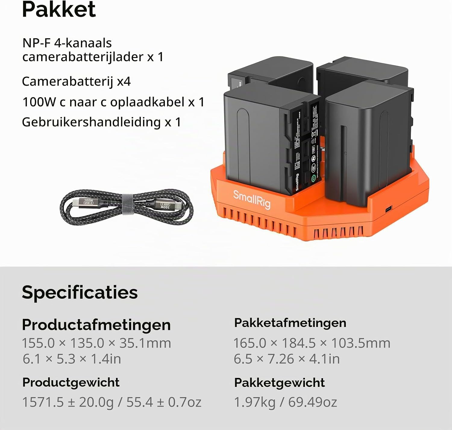 Thumbnail 6 de SMALLRIG 4834 4-kanaals acculader met OLED, PD 100 W en vier NP-F970-accu's