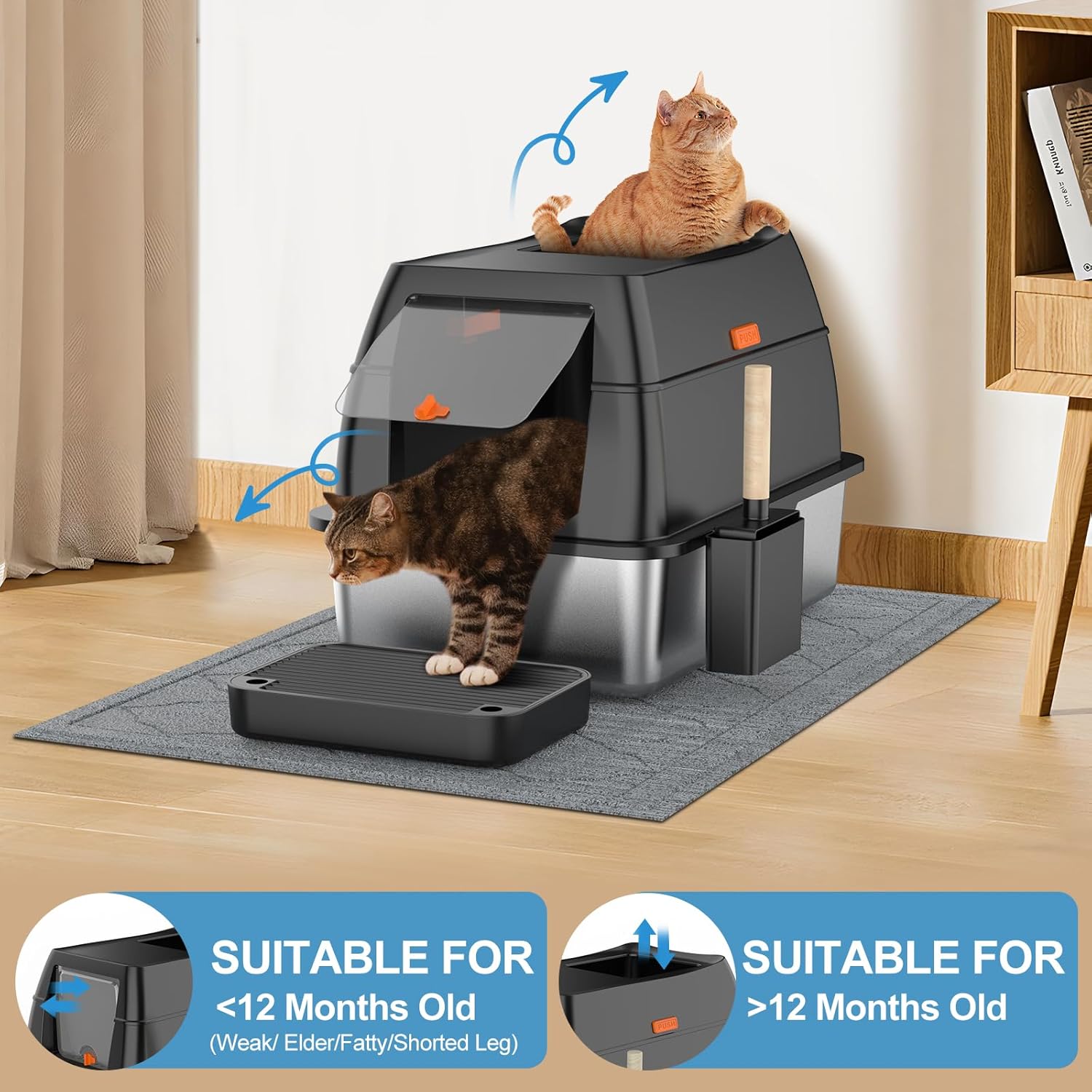 Detalle de Stainless Steel Litter Box with Lid — Extra-Large Enclosed Metal Cat Litter Box (Front Entry / Top Exit) with Scoop & Litter Mat