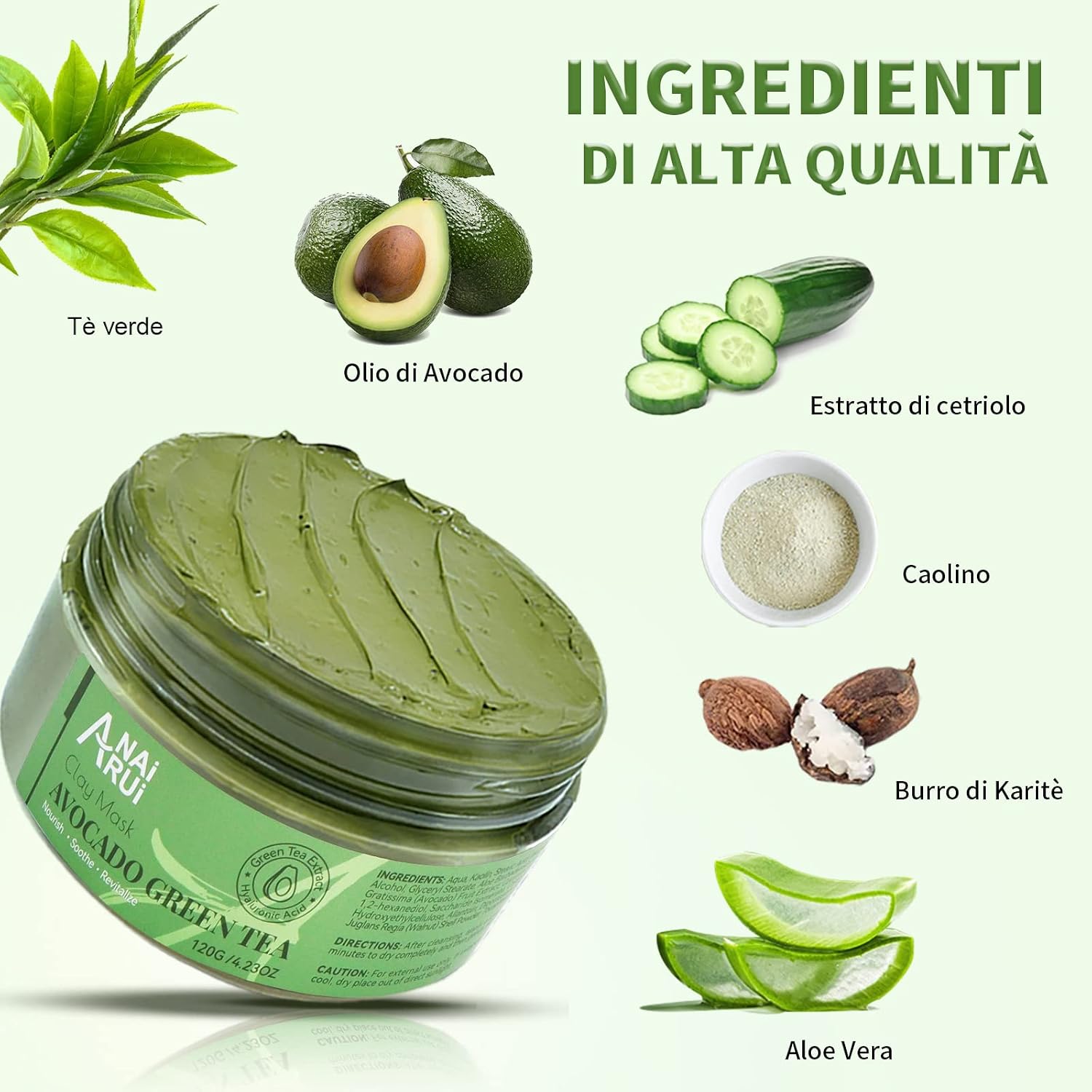 Detalle de ANAiRUi Maschera di fango con Avocado e tè verde – Maschera viso idratante e purificante 120g
