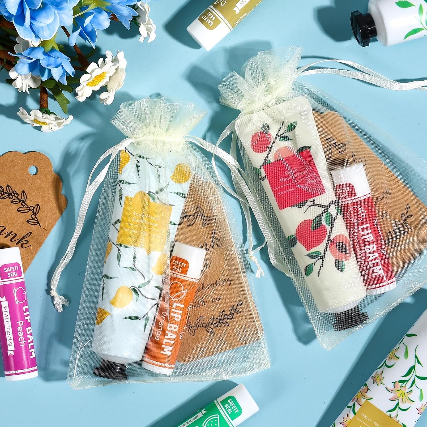 Thumbnail 2 de AZEN 60 Sets Bulk Hand Cream and Lip Balm Gift Set with Organza Bags and Thank-You Labels