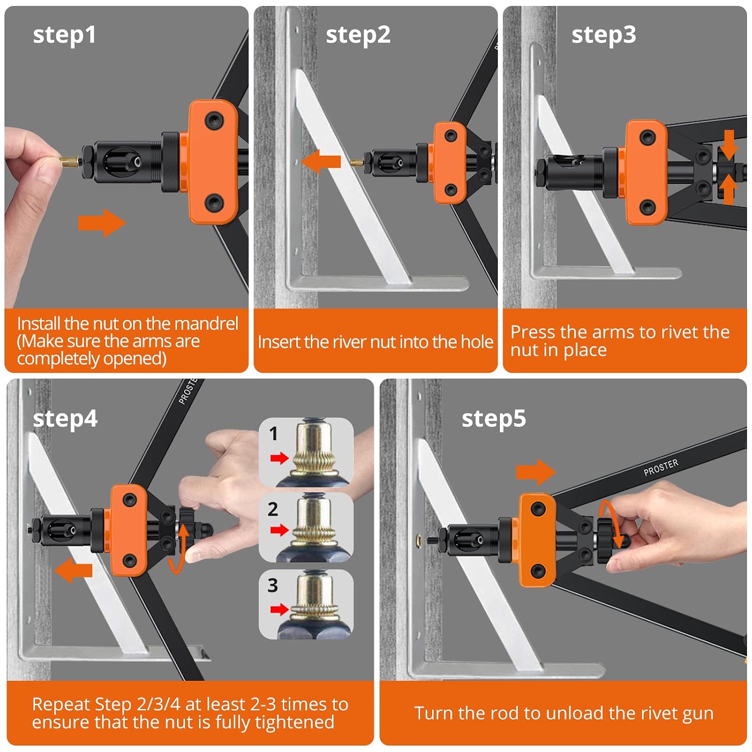 Detalle 1 de Proster 14" Rivet Nut Tool Kit with 6 Metric Mandrels and 150 Rivet Nuts