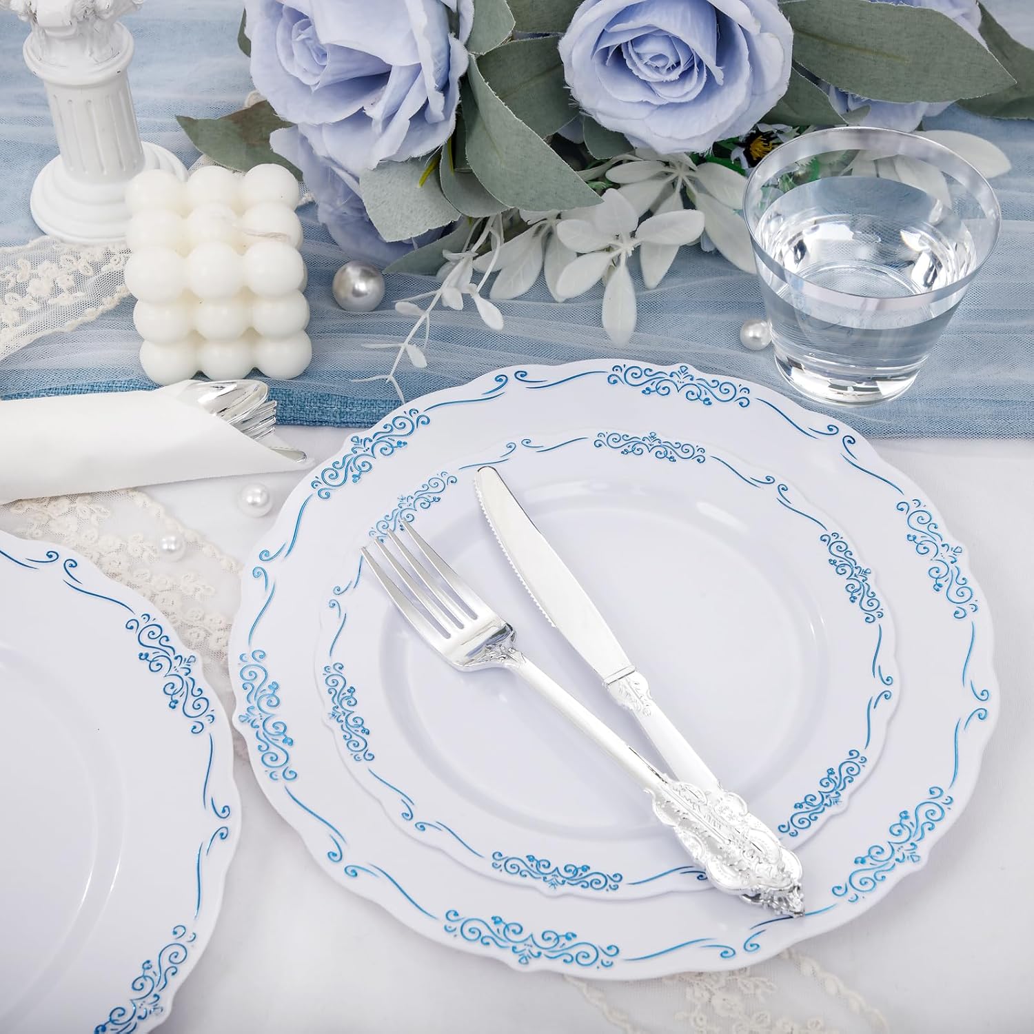 Thumbnail 5 de DaYammi 350Pcs Blue and White Disposable Plate Set with Napkins, Cutlery, and Cups