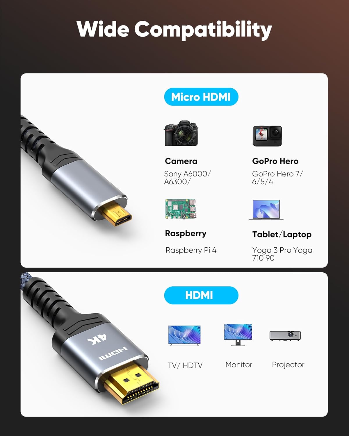Thumbnail 3 de Highwings 4K Micro HDMI to HDMI Cable 10 ft