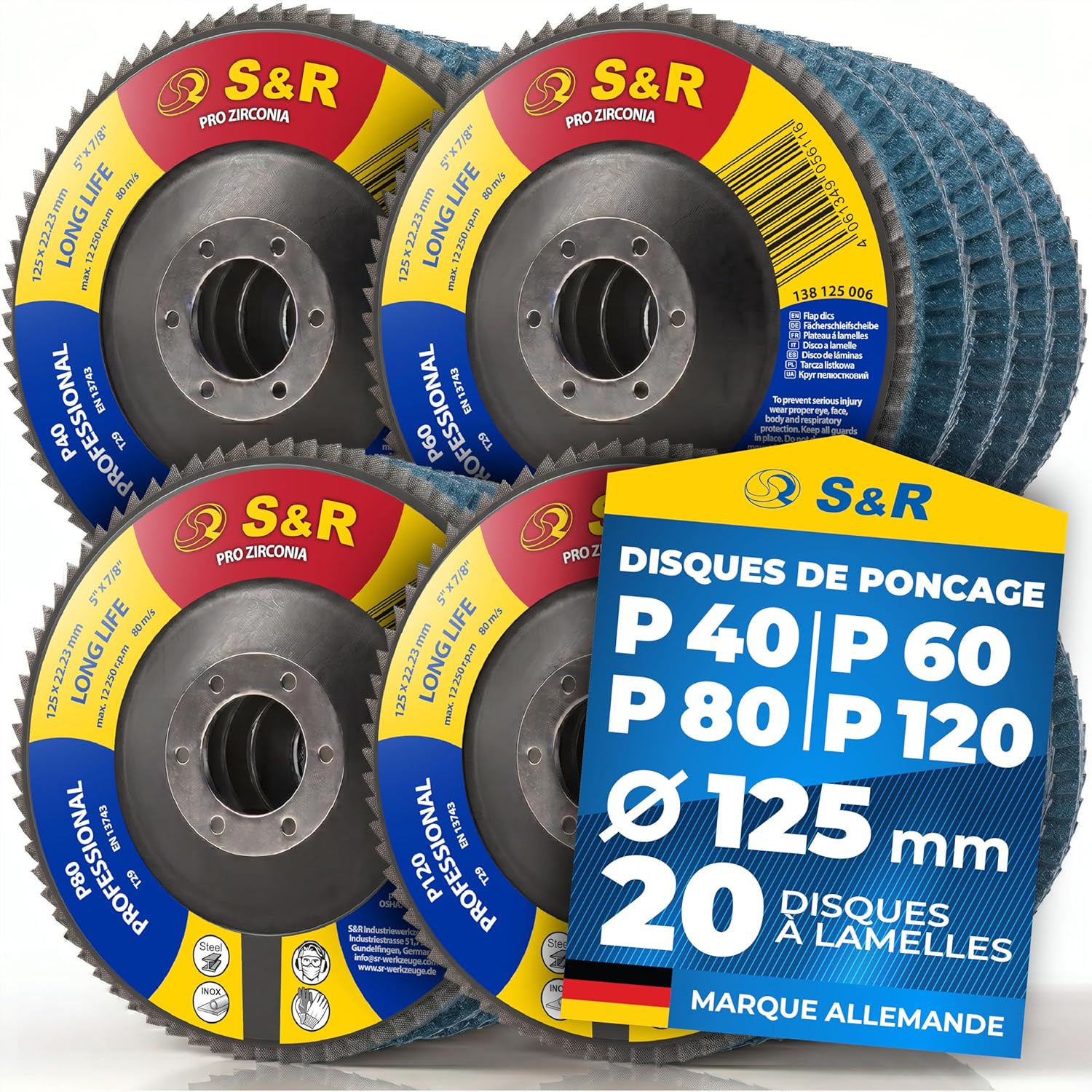 S&R Disques à Lamelles 125 mm – 20 pièces, grain 40/60/80/120, pour métal et bois