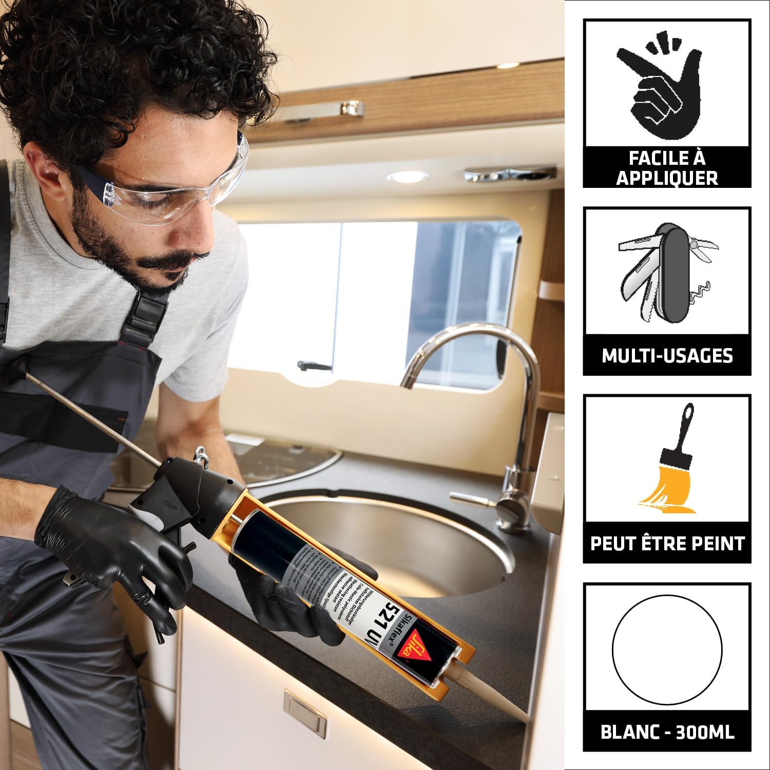 Detalle 2 de SIKA Sikaflex 521 UV Blanc – Mastic-colle 300 ml, 2 en 1, sans solvant ni PVC