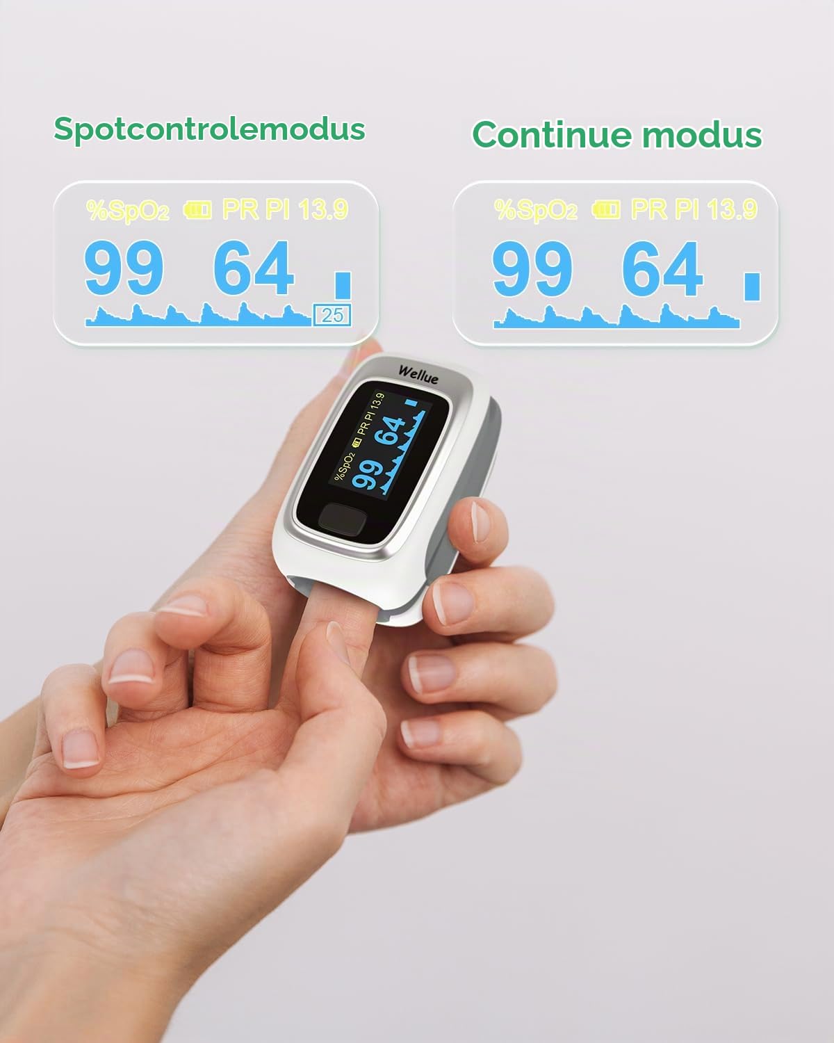 Detalle de ViATOM Checkme O2 pulsoximeter met Bluetooth, OLED-display en app