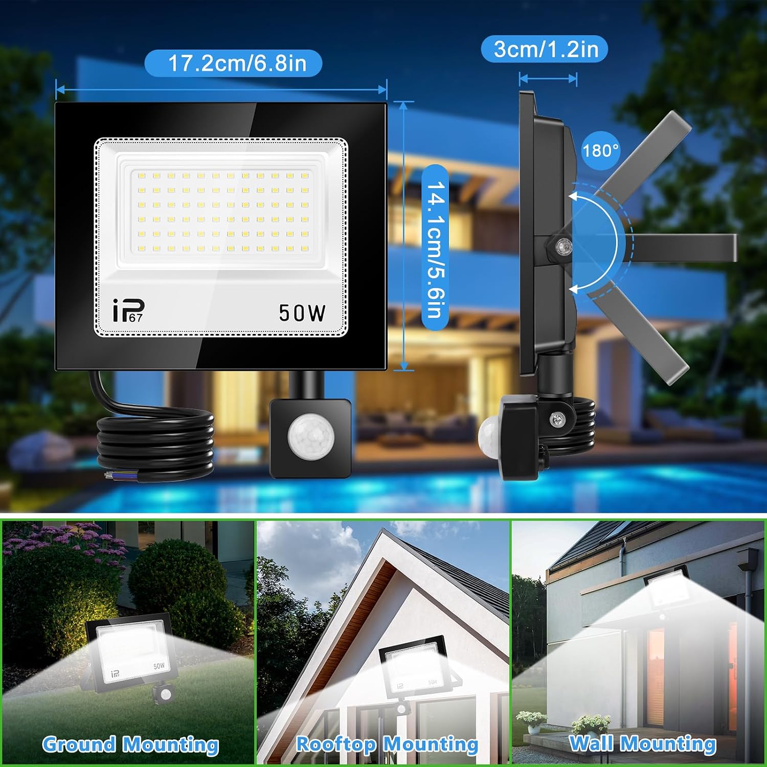 Thumbnail 2 de Projecteur LED extérieur YZYFACAI 50W avec détecteur de mouvement et télécommande, 5000 lm, blanc froid 7000K, IP67