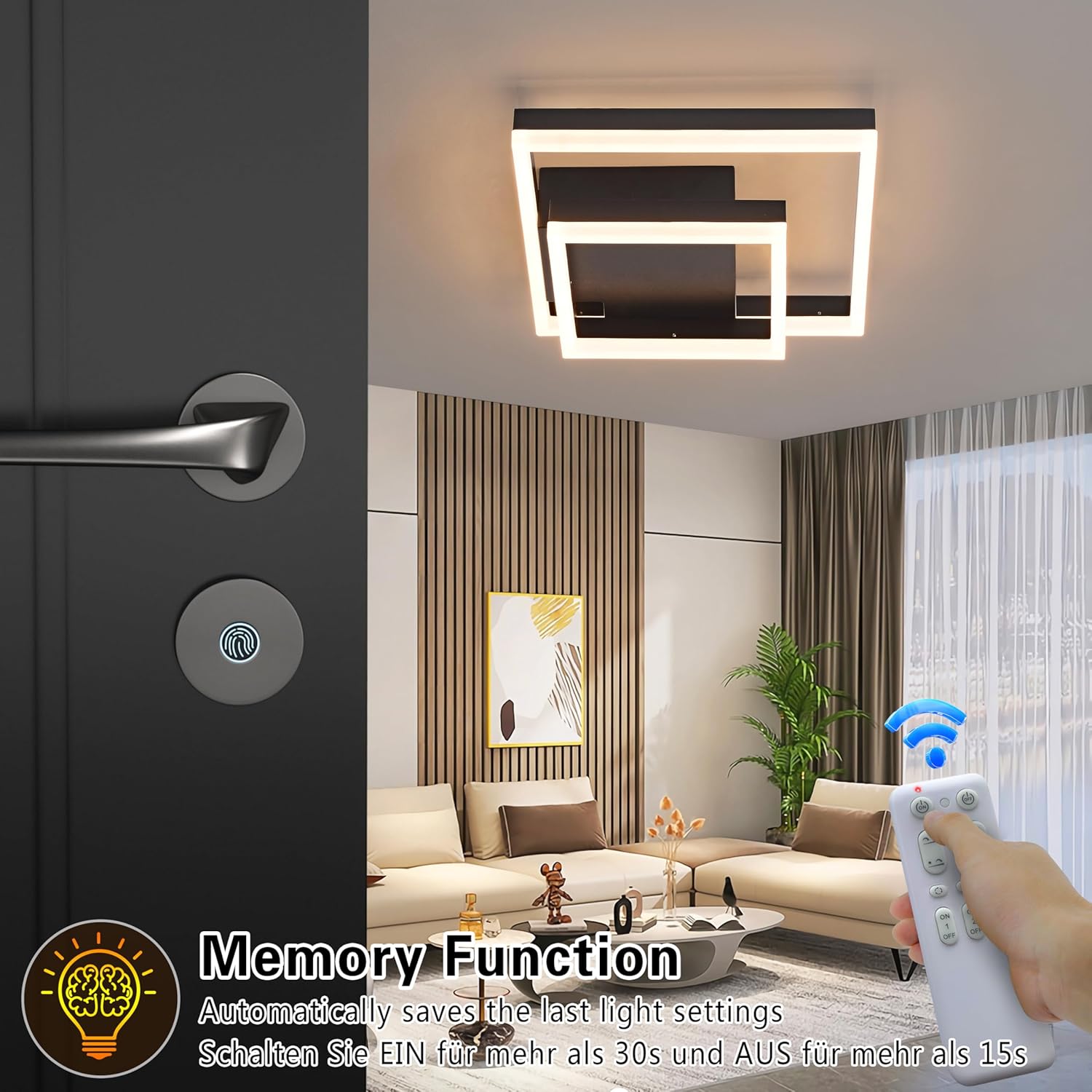 Detalle de SEATAIN LED Deckenleuchte Schlafzimmer, geometrisch schwarz, 30 W (3000 lm) mit Fernbedienung, 3000–6000 K und Nachtlicht