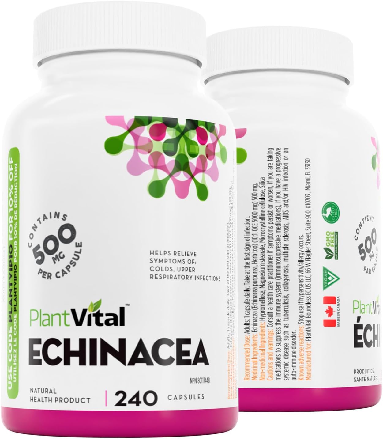 Detalle de PlantVital Organic Echinacea Capsules, 10:1 Extract, 240 Count, Vegan