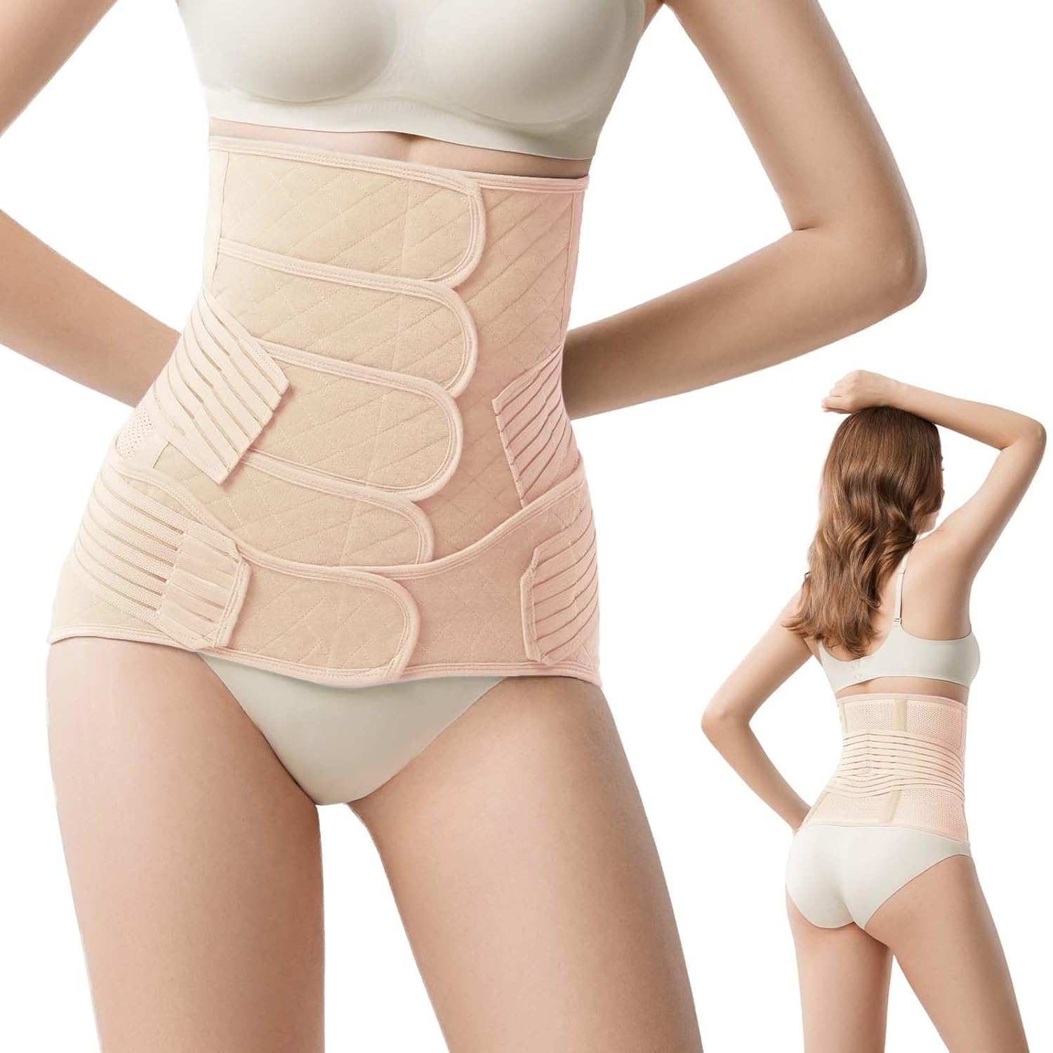 JOYNCLEON Ceinture de Grossesse Post-Partum avec Bande Pelvienne – Ventre Plat et Soutien Abdominal Réglable (Beige, Medium, <50 kg) pour voie basse et Césarienne