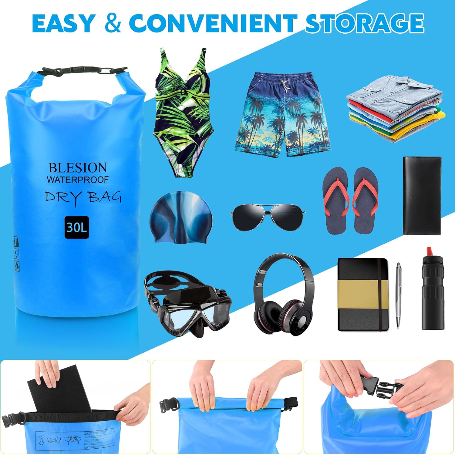 Detalle de BLESION Dry Bag 5L–30L: Wasserdichte Tasche mit verstellbarem Schultergurt für Kajak, Camping & Reisen