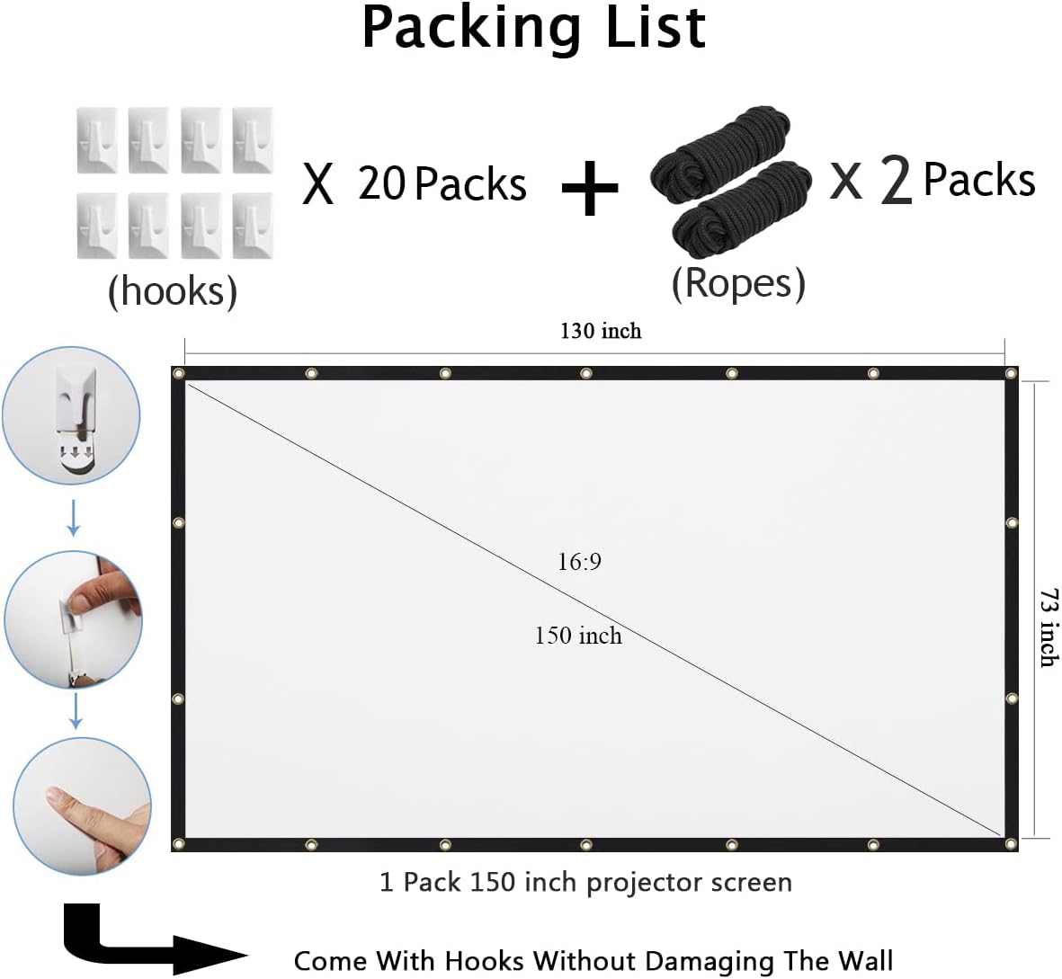 Thumbnail 3 de 150-inch 16:9 Foldable Projection Screen by Mdbebbron (Anti-Crease, Portable, Double-Sided)