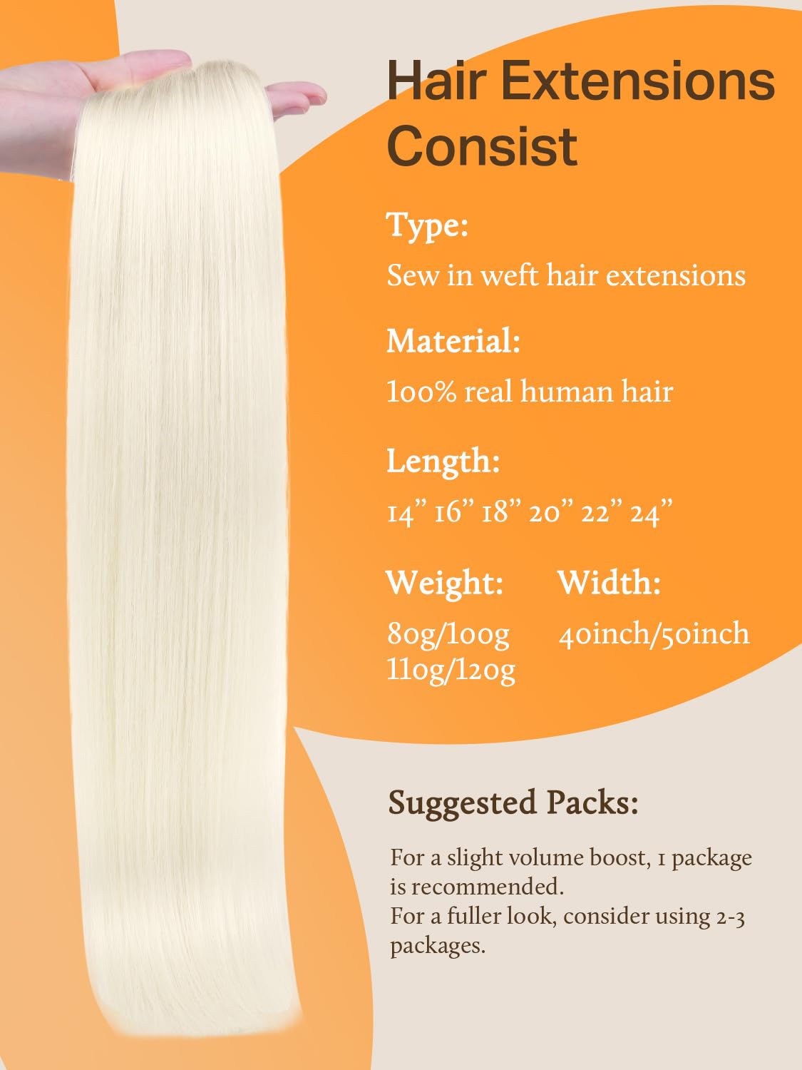 Detalle de DOORES Pearl Blonde 24 Inch Sew-in Real Human Hair Extensions (120g) — Hiand Tied Weft