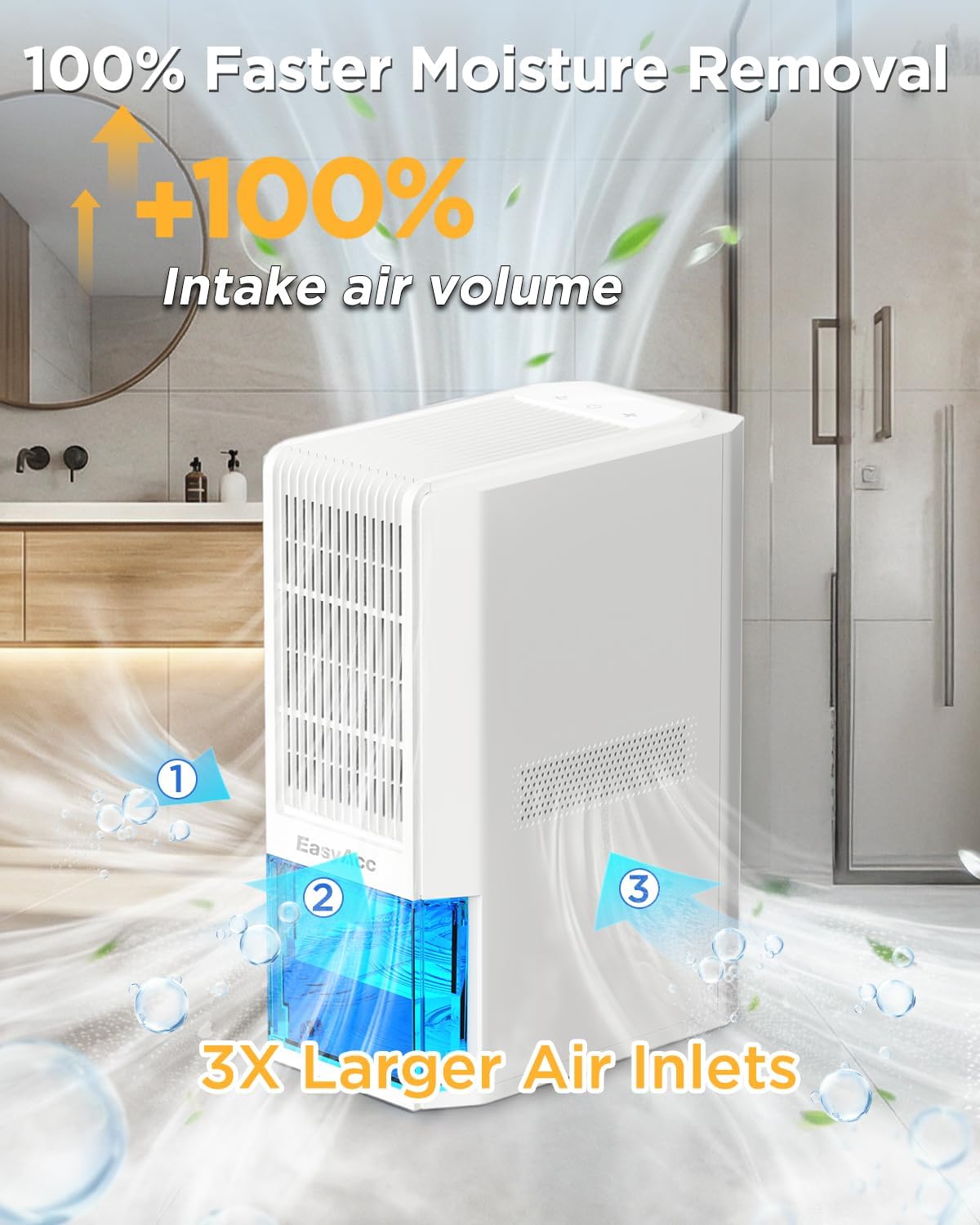 Detalle 2 de EasyAcc Bathroom Dehumidifier: 1300ml/Day, 15°C Operation, 2L Tank, 85W, Ultra Quiet