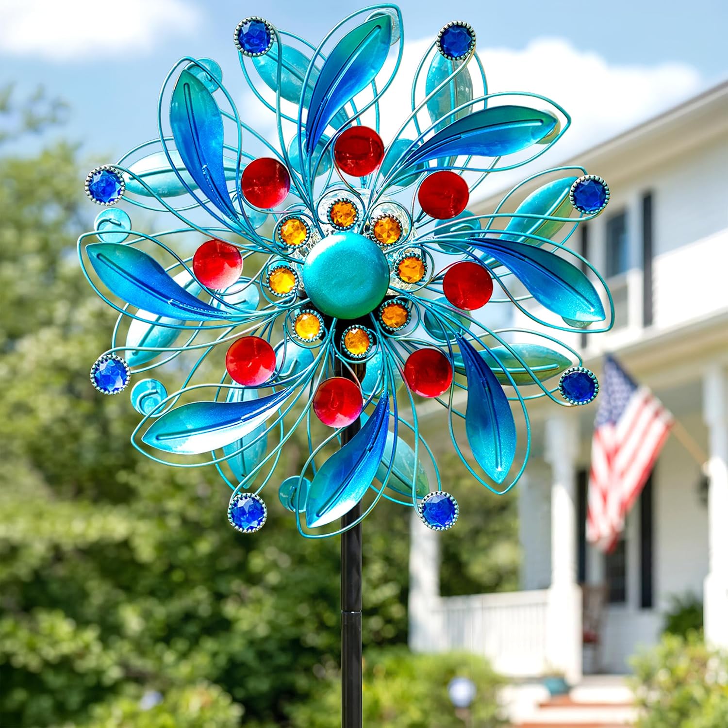 Detalle 2 de MXwcy LT00217S1 Solar Wind Spinner, Blue Floral Metal Decor with Solar Light
