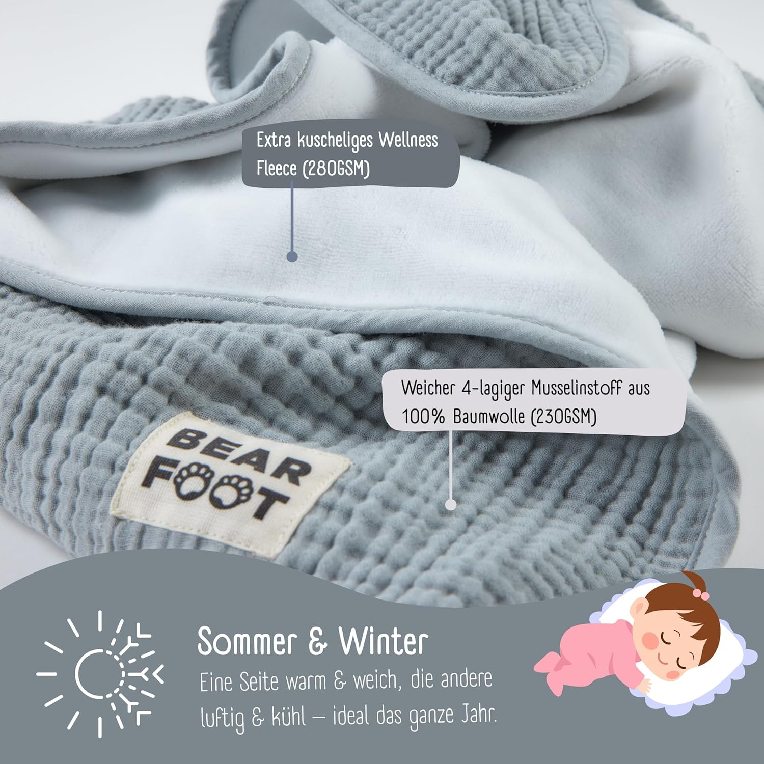 Thumbnail 1 de BEARFOOT Babydecke aus Musselin & Fleece – Cloud Grey, 2-seitig (Baumwolle/Fleece)