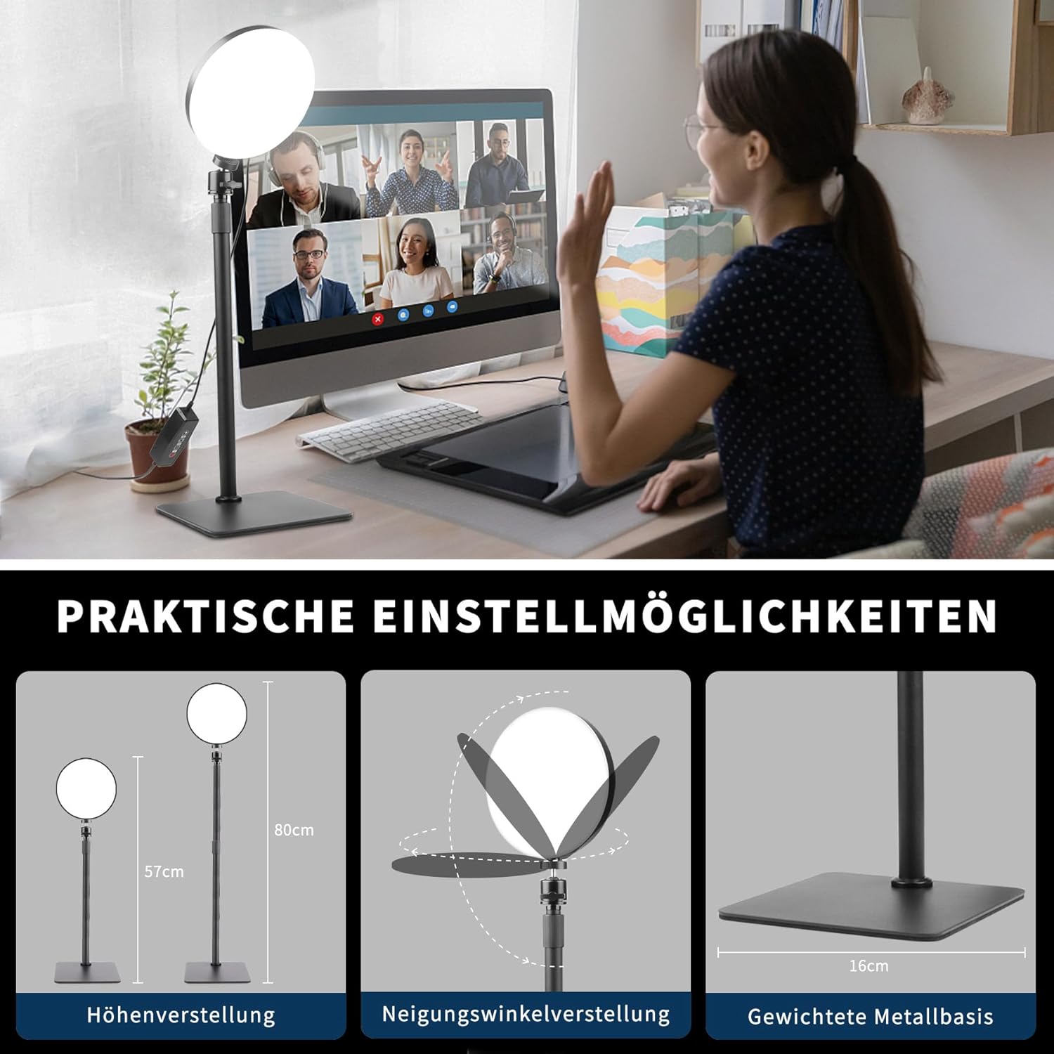 Detalle de Aogled Lumière Vidéo LED pour Conférences Zoom – Kit éclairage USB avec Support Téléphone et 3 modes de couleur