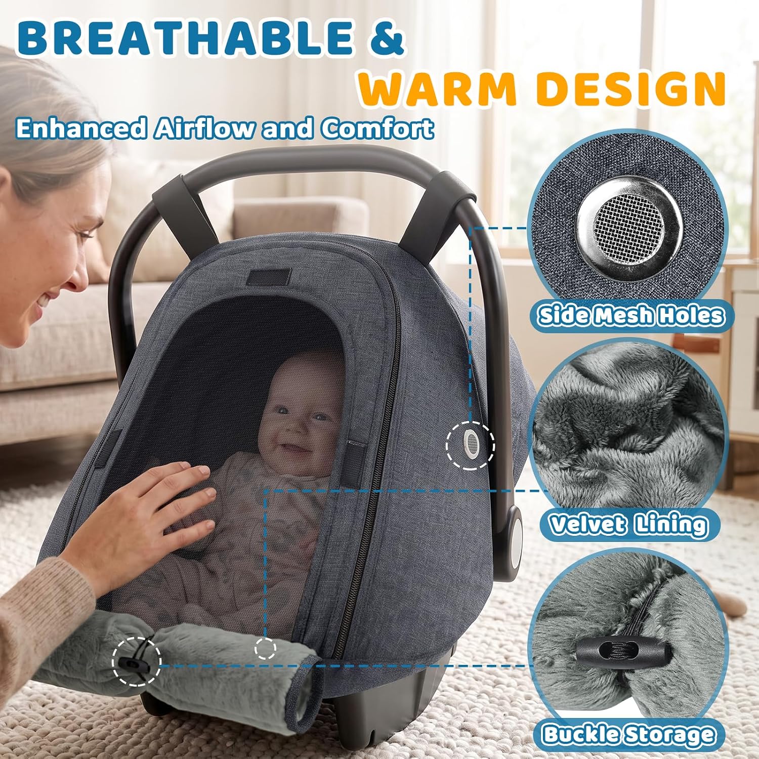 Detalle de Orzbow Winter Car Seat Cover, Waterproof Baby Canopy with Zipper Access, Dark Gray