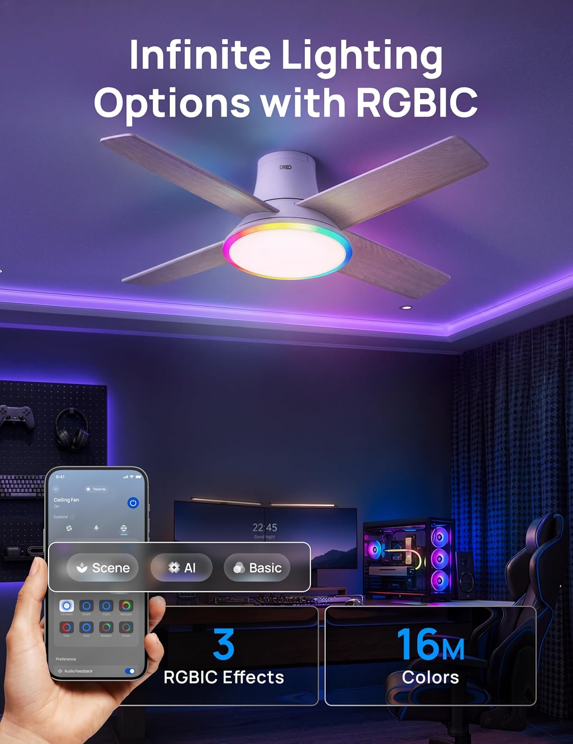 Detalle de Dreo 44 in Smart Flush Mount Ceiling Fan with Lights, 12 Speeds, Quiet DC Motor, Dimmable LED, Remote & App