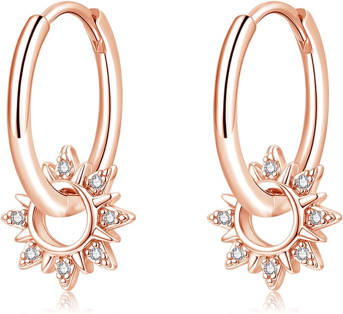 Detalle de Estrellique Silver Hoops Earrings for Women – 925 Sterling Silver Dainty Drops with Sun, Moon, Star or Heart Design