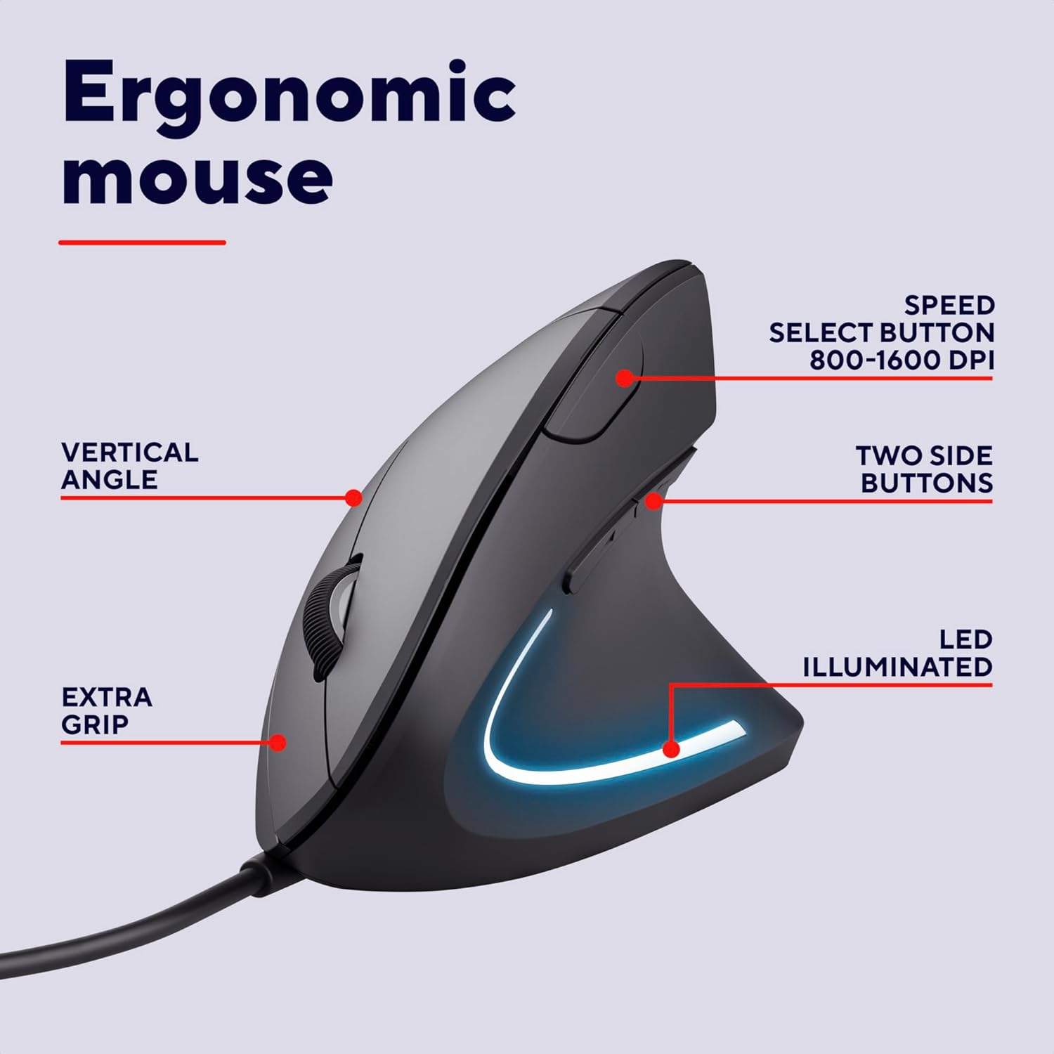Detalle 2 de Trust Verto Wired Ergonomic Mouse 1000-1600 DPI