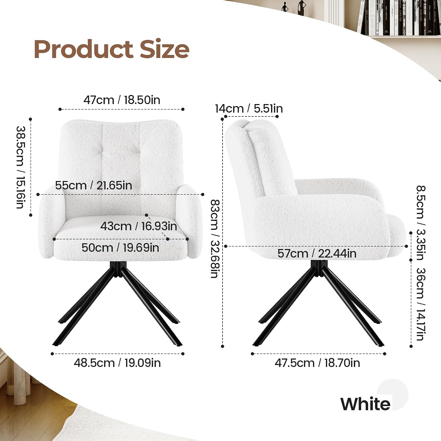 Detalle de Luxstein HM044946 White Bouclé Tub Chair with 360° Swivel and Metal Frame