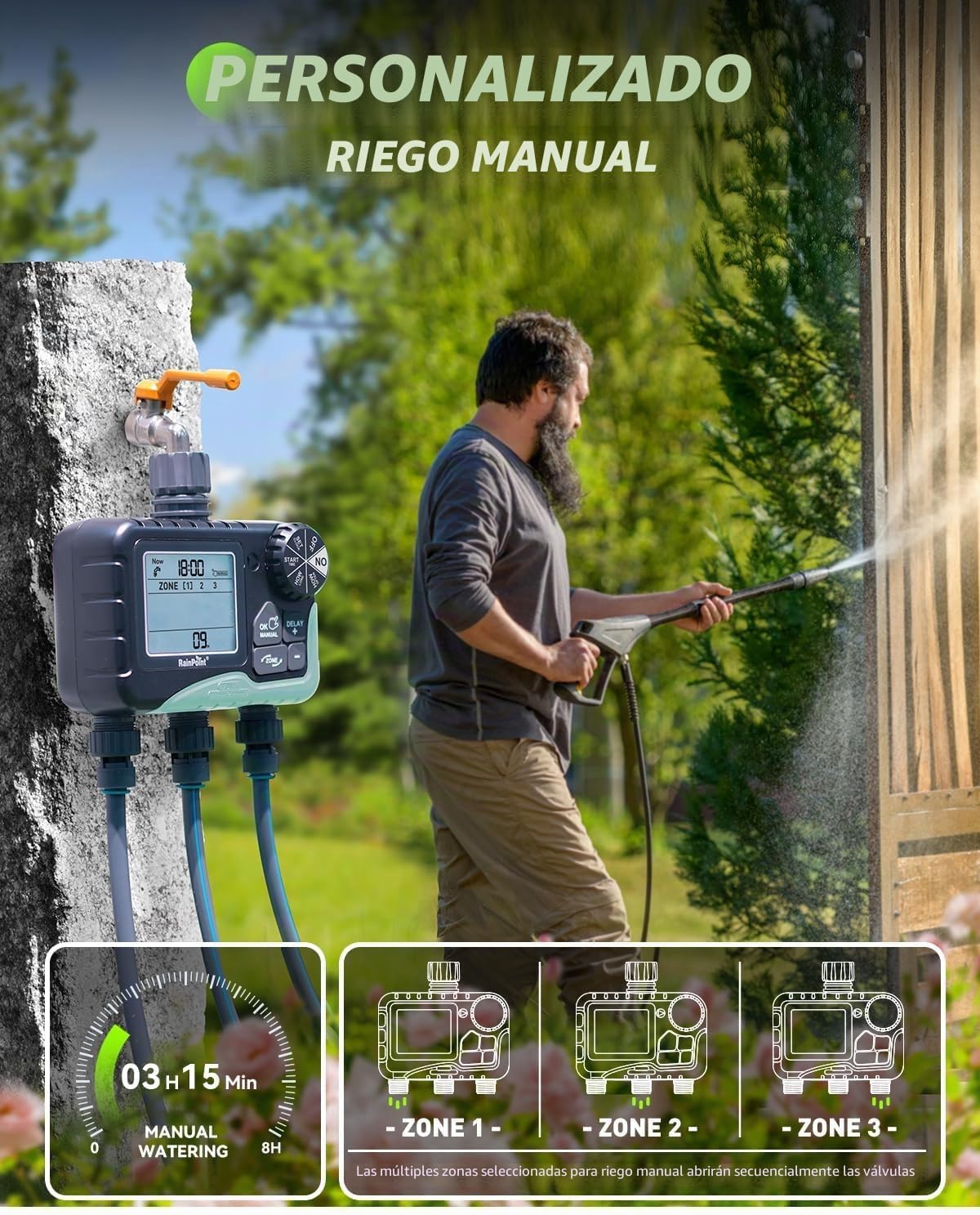 Detalle de RAINPOINT Programador de riego con 3 salidas y pantalla LCD grande (temporizador automático con retardo por lluvia)
