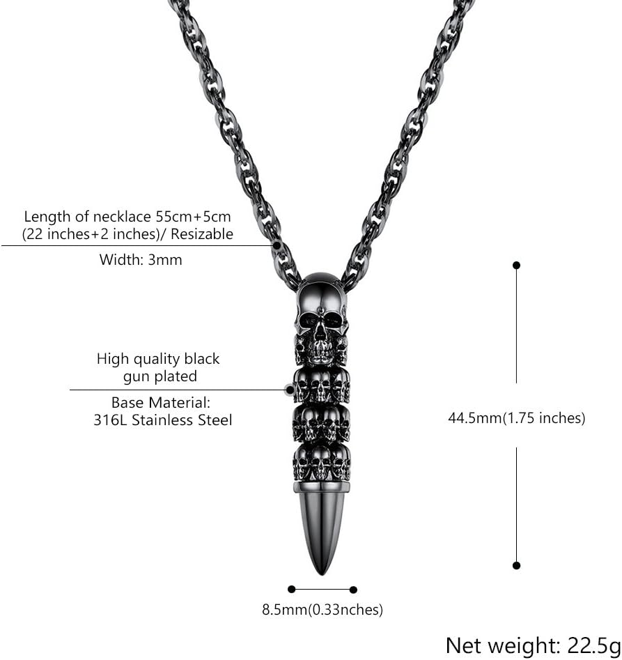 Thumbnail 3 de Collier PROSTEEL Têtes de Morts en acier inoxydable 316L avec pendentif plume/balle/crâne