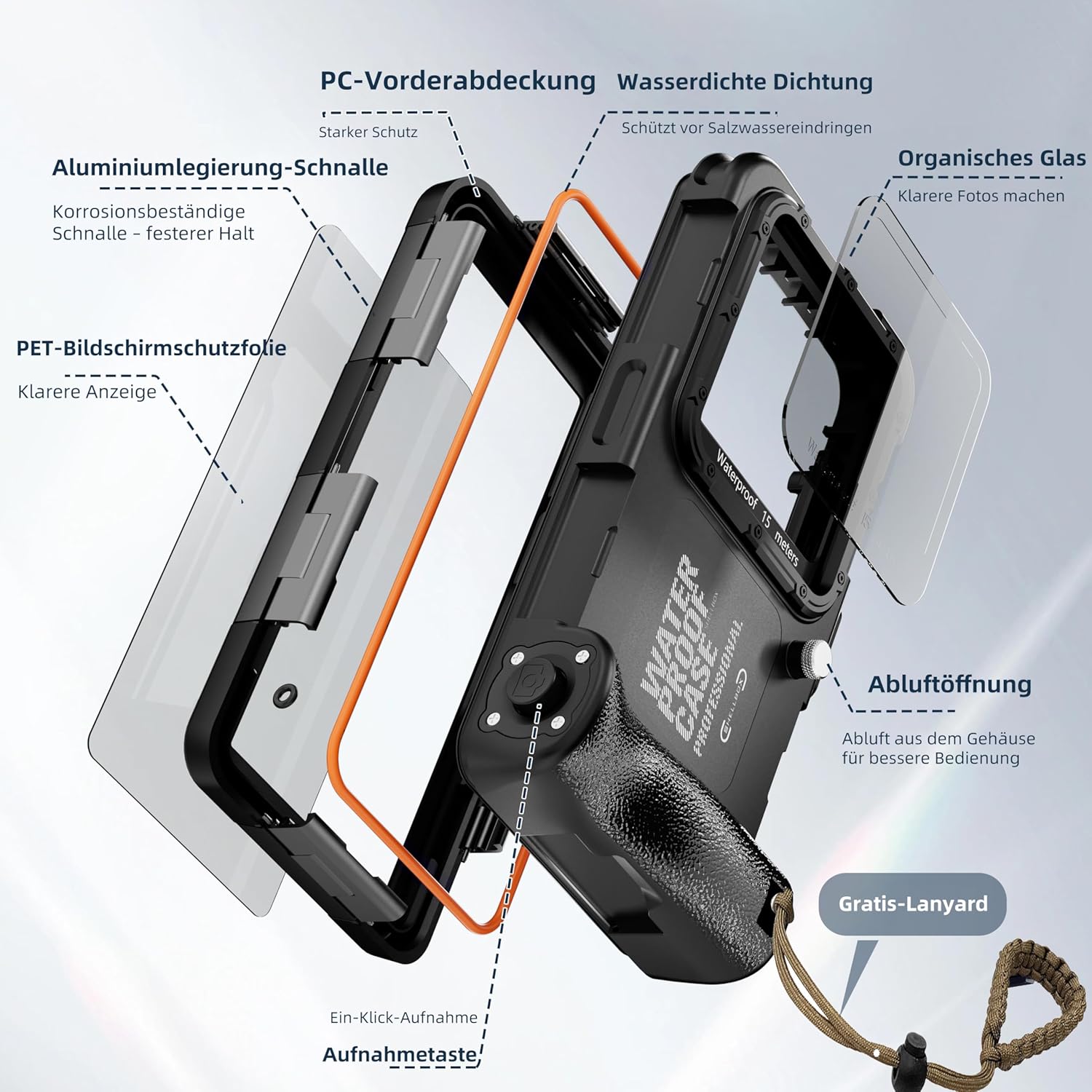 Thumbnail 5 de Ezanmull Unterwasser-Tauchgehäuse für iPhone 17/16/15/14/13/12/11 Pro Max & mehr – wasserdicht bis 15 m (schwarz)