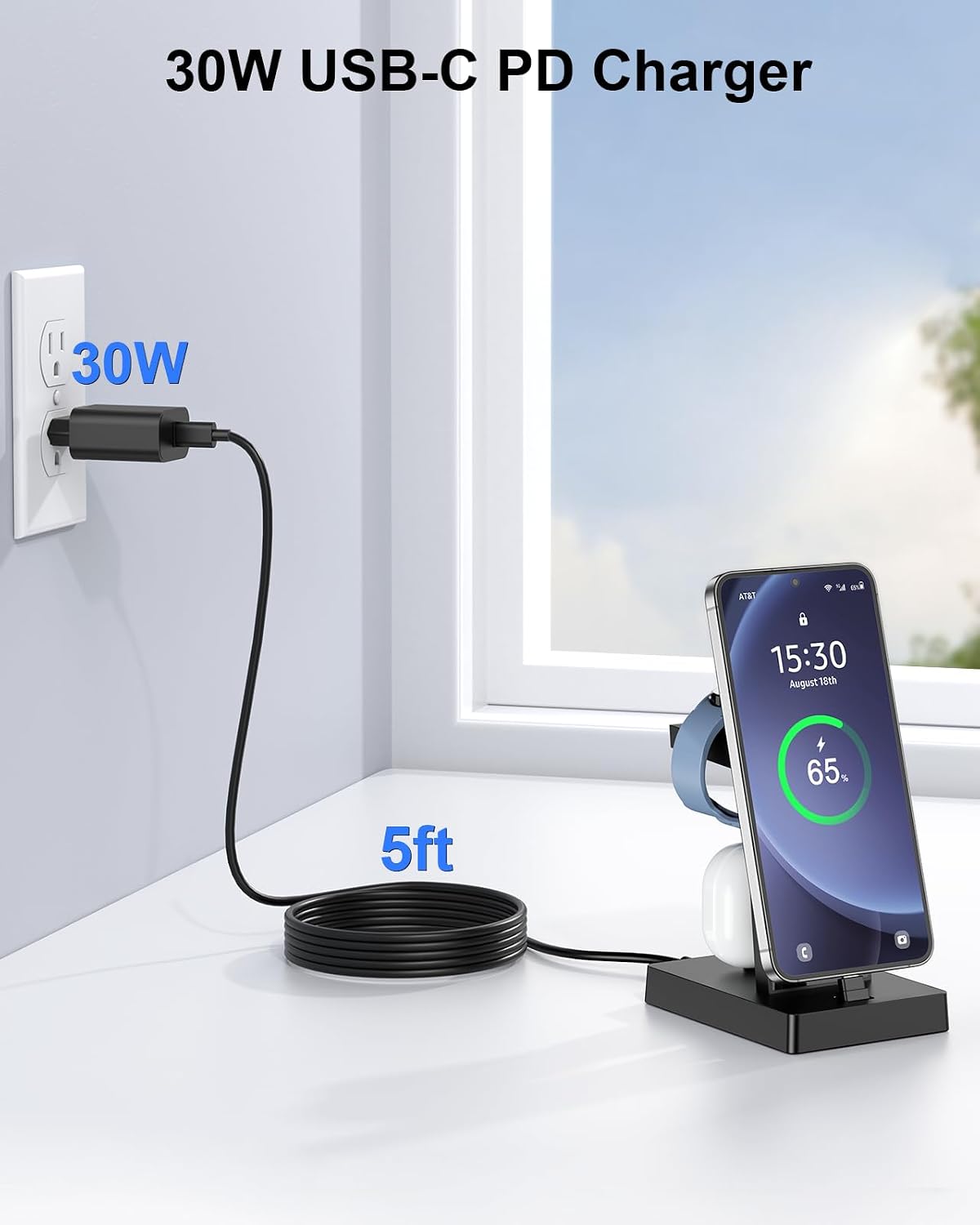 Detalle de NANAMI 30W USB-C 3-in-1 Schnellladestation – Ladezentrum für Galaxy Watch, Galaxy-S-Serie und USB-C Kopfhörer