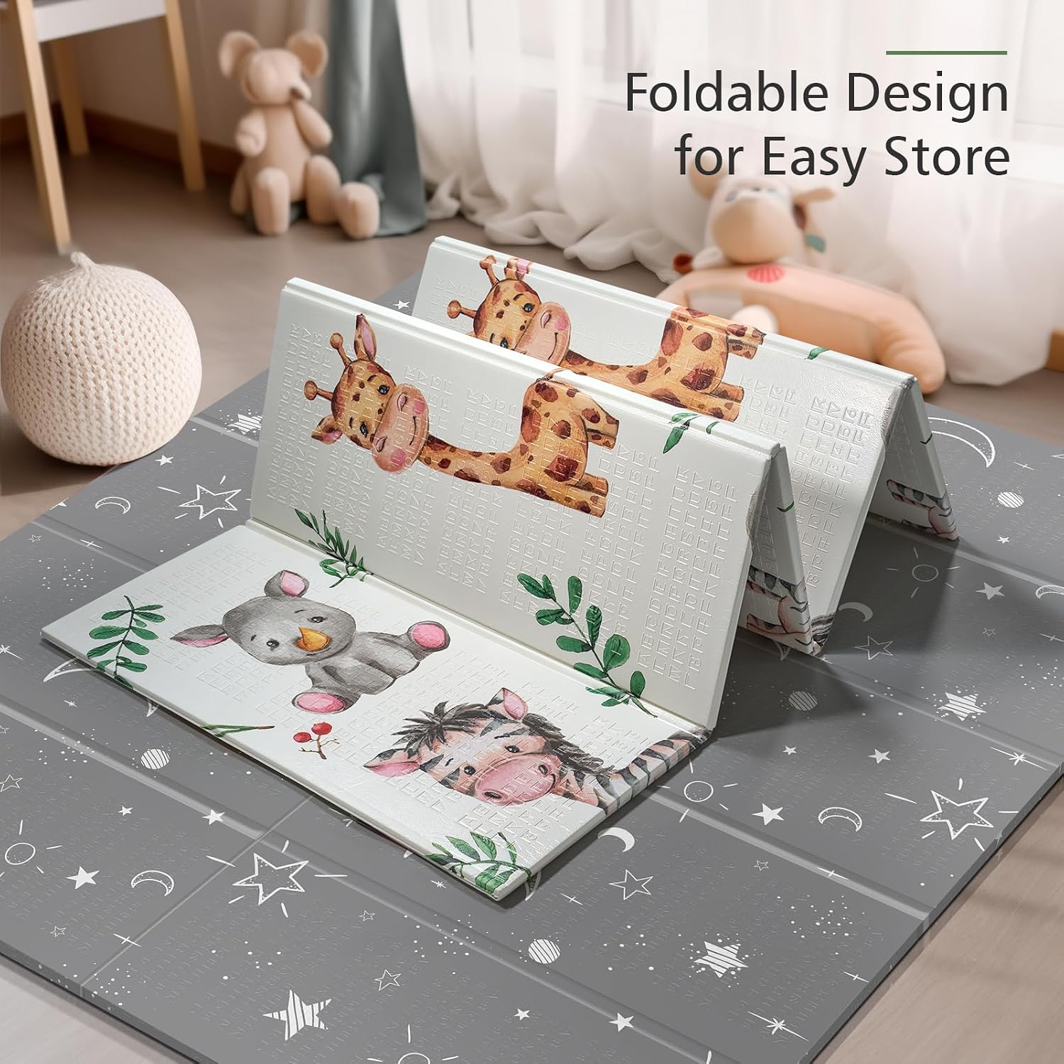 Detalle 1 de NOONKTY 79 x 71-Inch Baby Play Mat, Foldable Waterproof XPE Foam, Giraffe & Lion