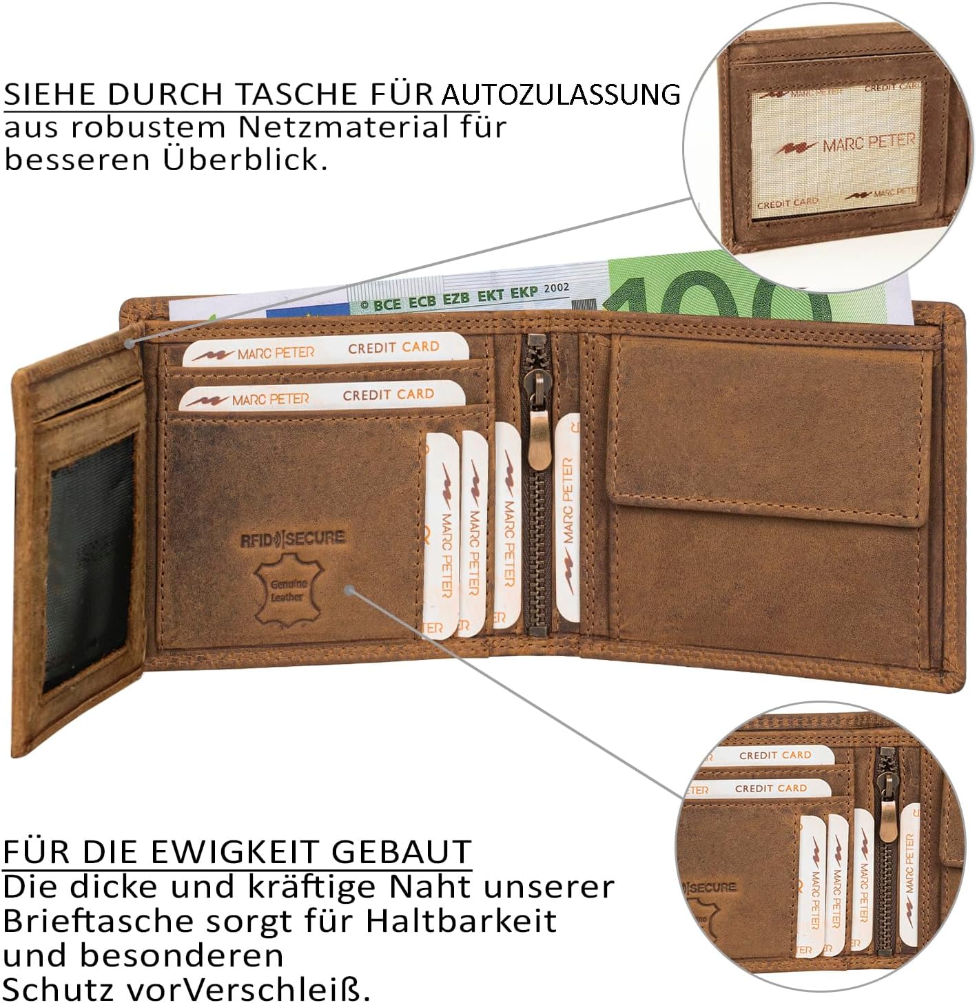 Detalle de Marc Peter® Echt-Leder Geldbörse Hanover – RFID-Schutz, 10 Fächer, Vintage Braun
