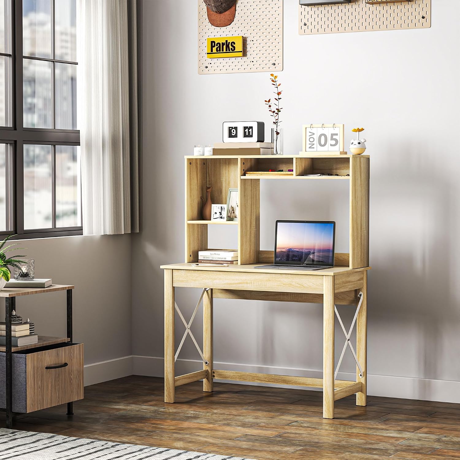 Detalle de HOMCOM Bureau avec rangement et bibliothèque intégrée (105 x 50 x 137,5 cm) aspect chêne