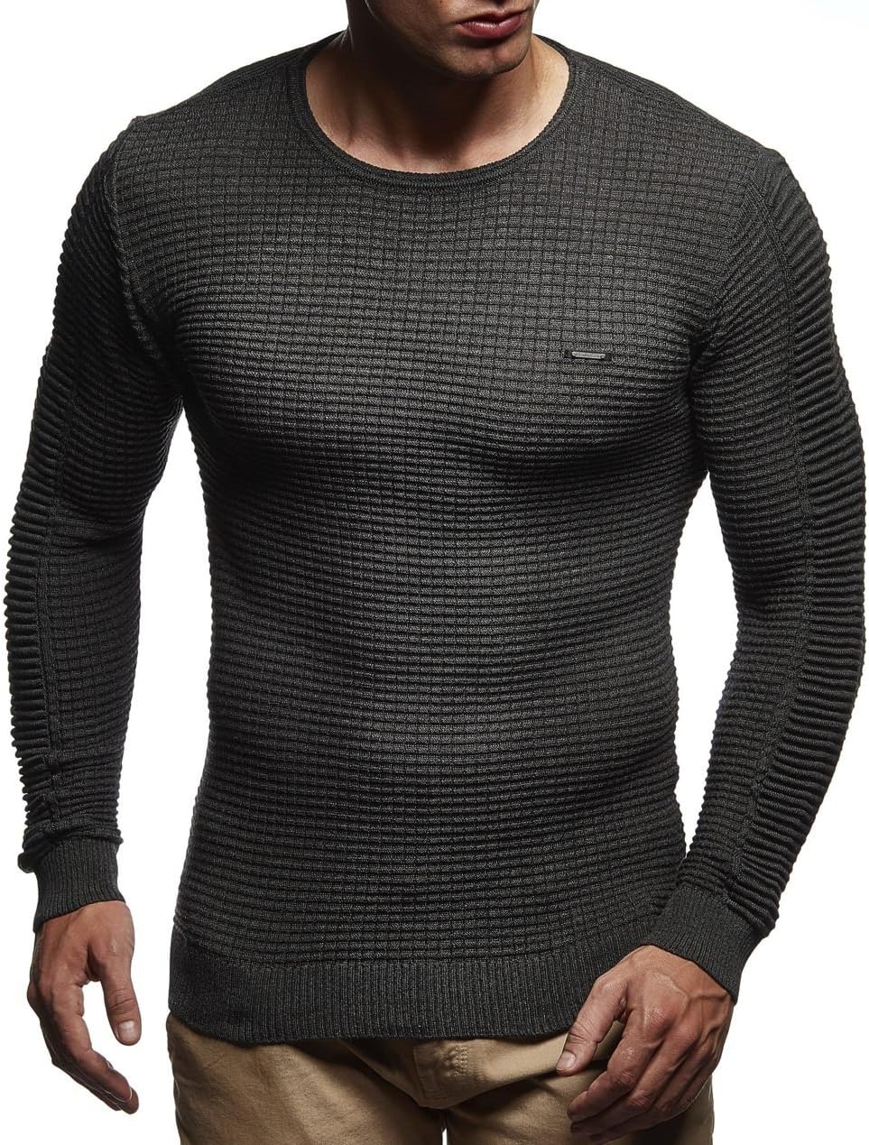 Detalle de LEIF NELSON Pull en Tricot LN1545, col rond – Gris, Slim Fit, Homme