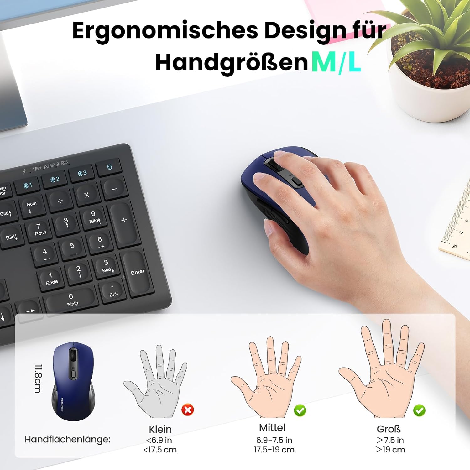 Thumbnail 5 de TECKNET Bluetooth Maus: kabellose Silent-Maus mit 4800 DPI und zwei Geräten