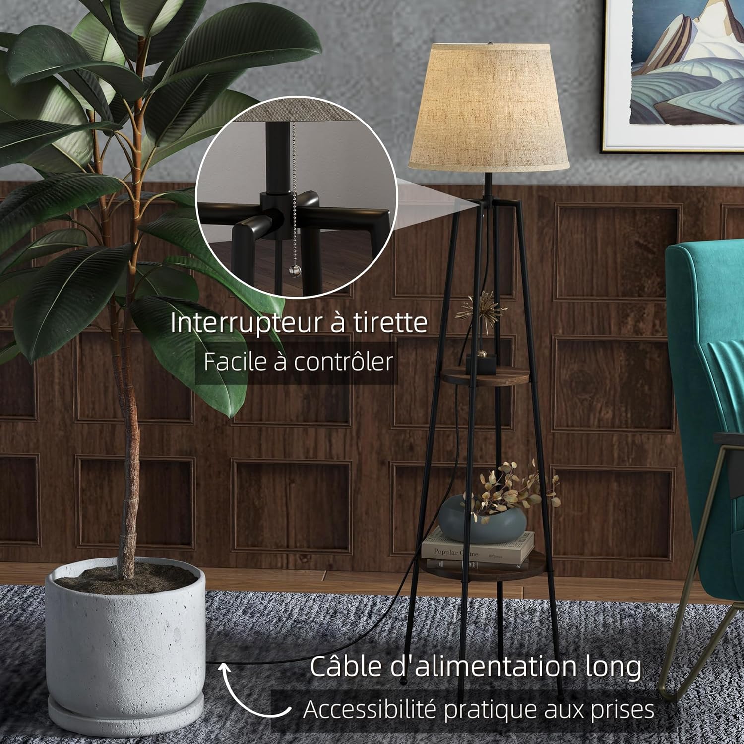 Thumbnail 4 de HOMCOM Lampadaire sur pied avec 2 étagères – design moderne, abat-jour tissu, noir marron