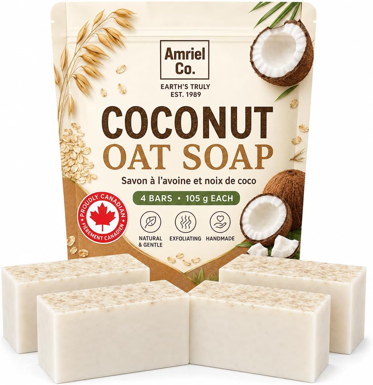 Detalle de Amriel Co. Coconut Oat Soap Bars, 4-Pack with Coconut Oil & Glycerin